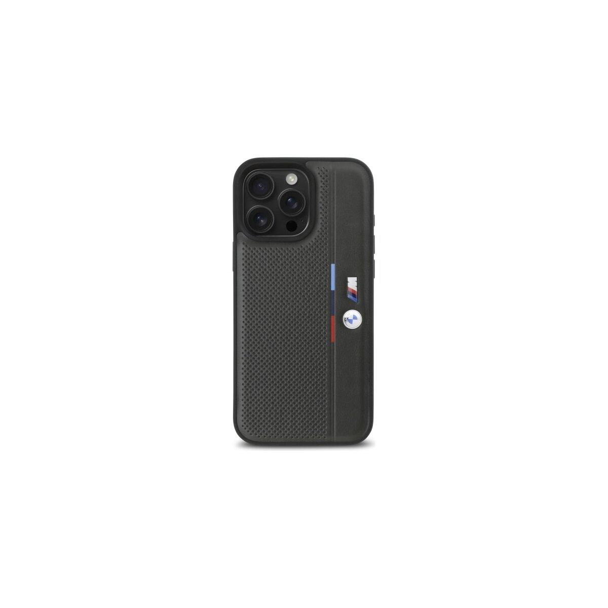Custodia nera per telefono con lenti, logo BMW e strisce M. La custodia ha una superficie strutturata, su sfondo bianco.
