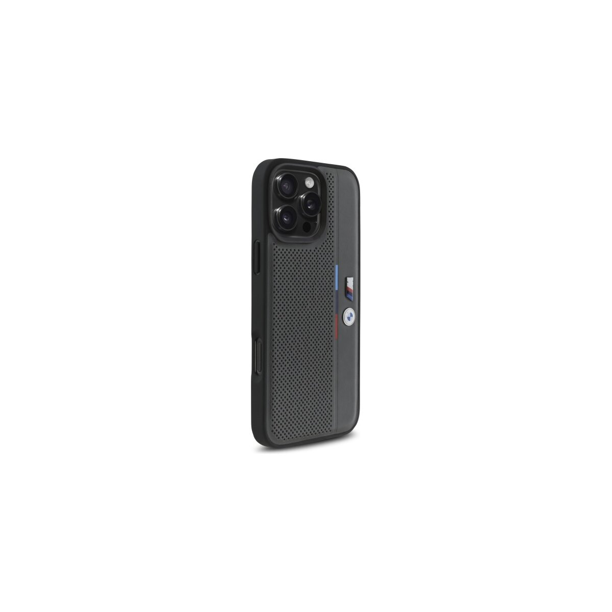 Una custodia per telefono grigio scuro, con design perforato e logo BMW, isolata su sfondo bianco.