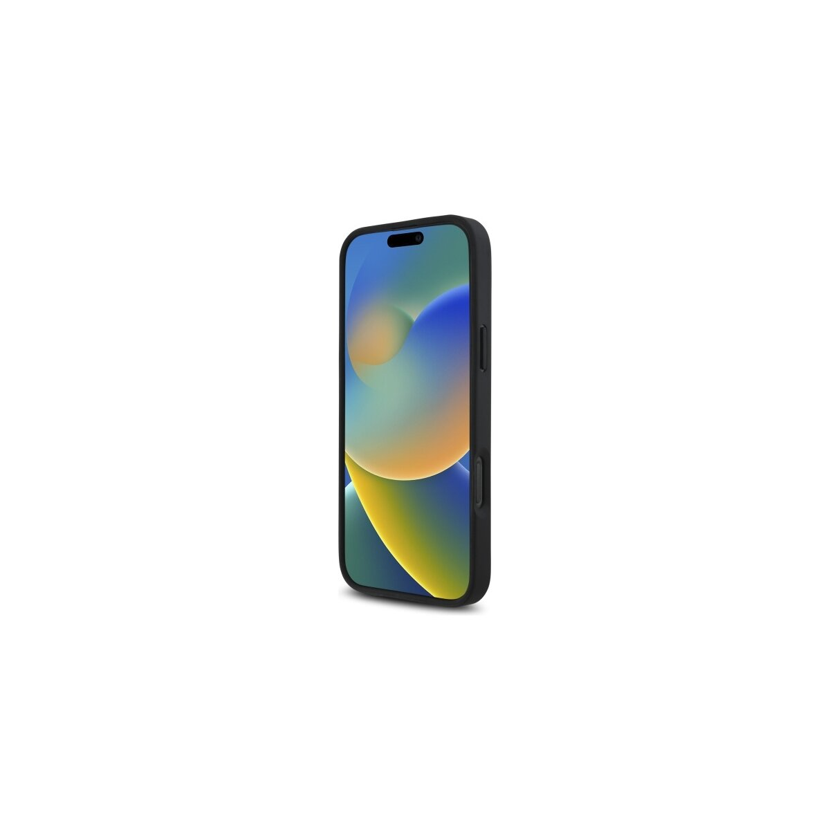 Un iPhone nero in una custodia, con una colorata immagine di sfondo. Il telefono è in piedi, contro uno sfondo bianco.