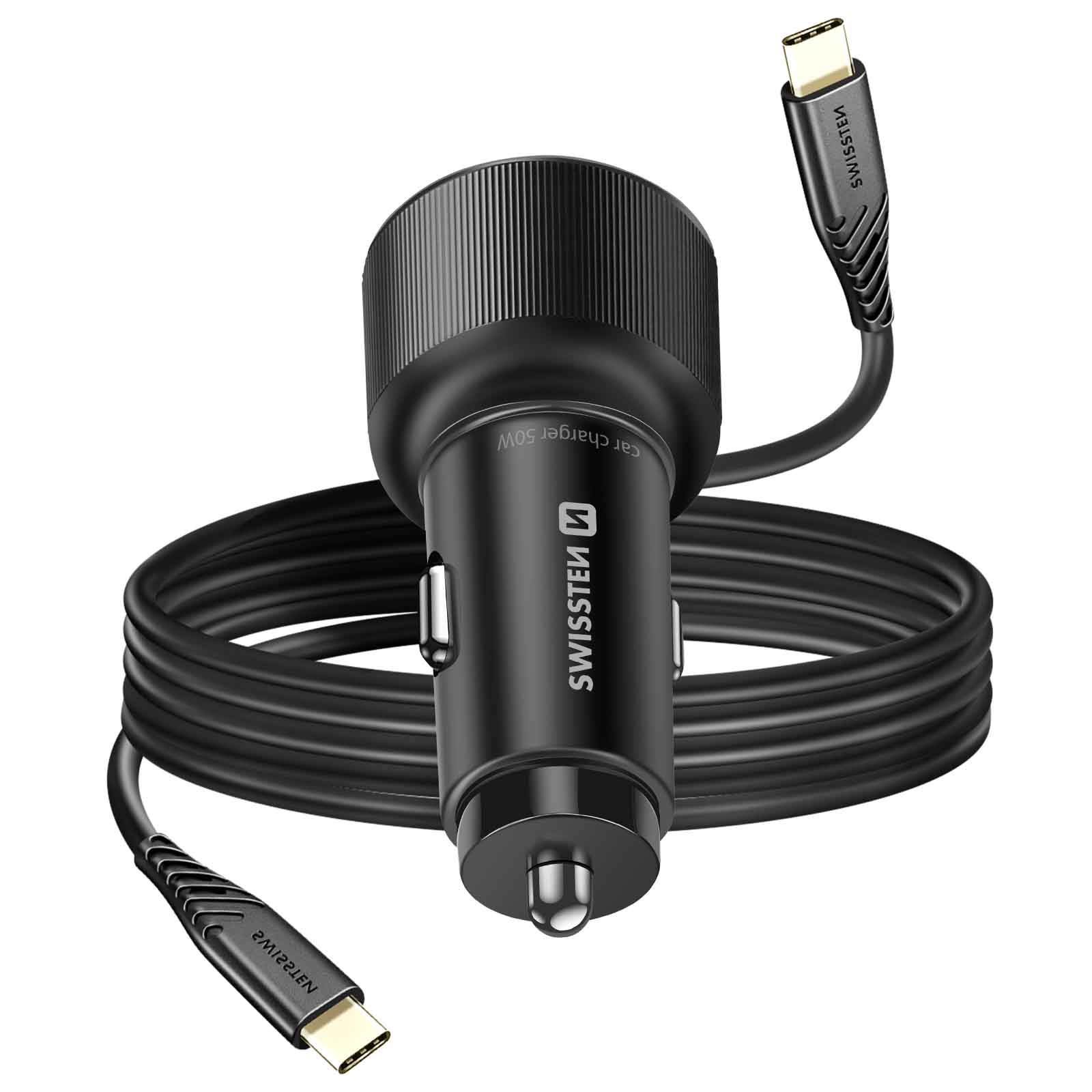 Ein schwarzes Autoladegerät mit zwei USB-C-Kabeln. Das Ladegerät trägt den Markennamen SWISSSTEN. Kabel sind aufgerollt.