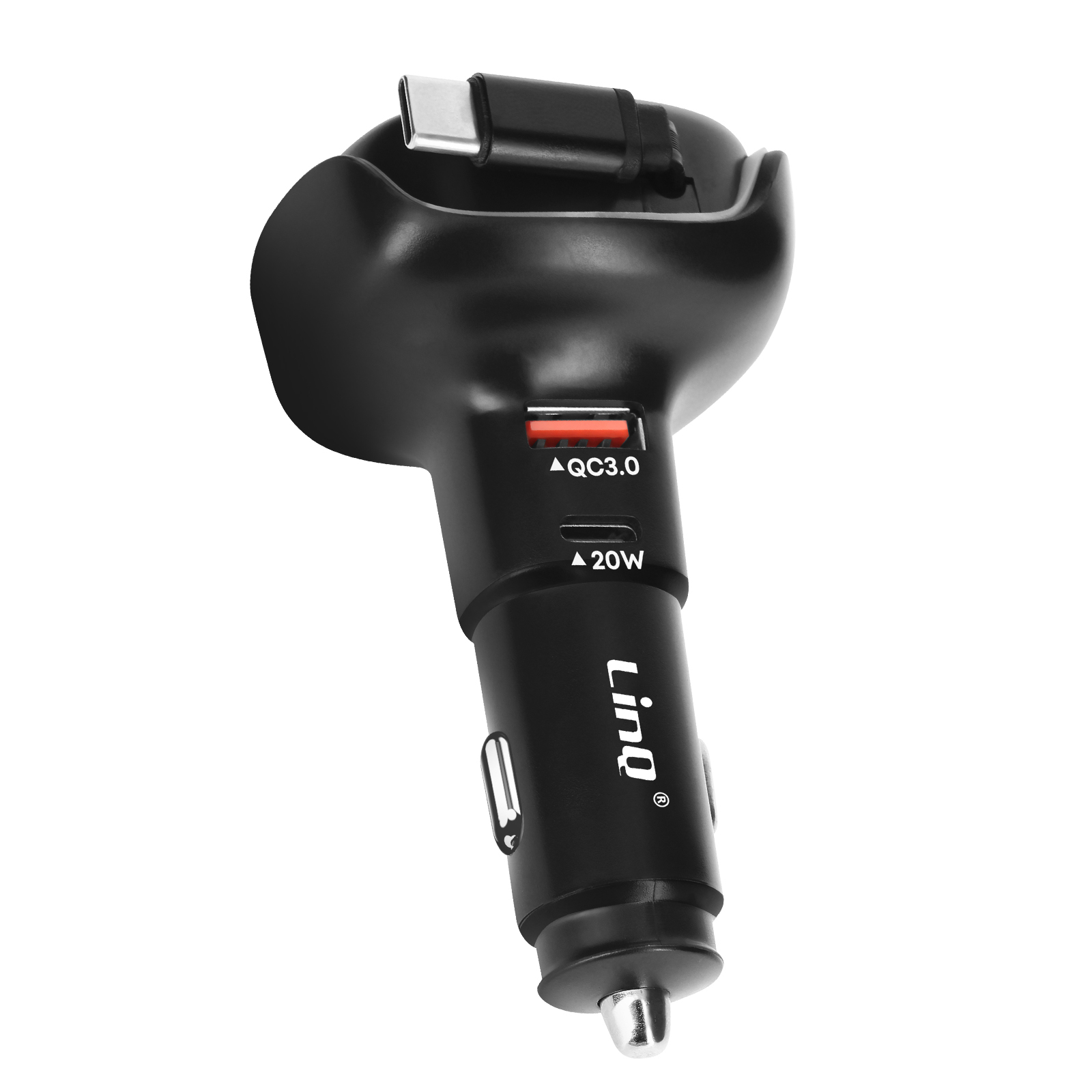 Un caricabatterie per auto nero con porta USB-C. Ha indicatori QC3.0 e 20W. Il marchio è Linq.