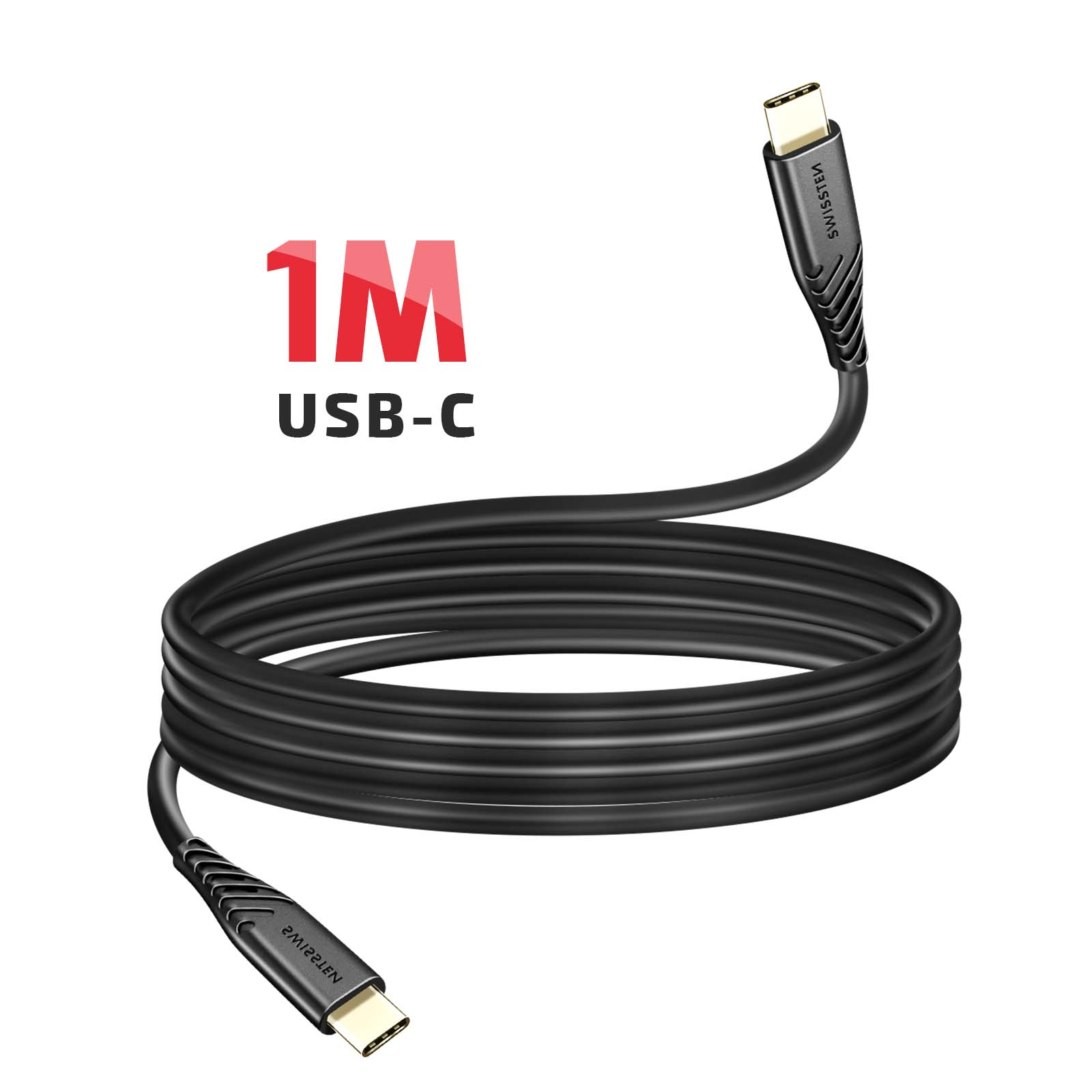 Ein schwarzes USB-C-Kabel, aufgerollt, mit Text '1M USB-C'. Das Kabel hat Stecker an beiden Enden und die Marke 'SWISSTEN' ist sichtbar.