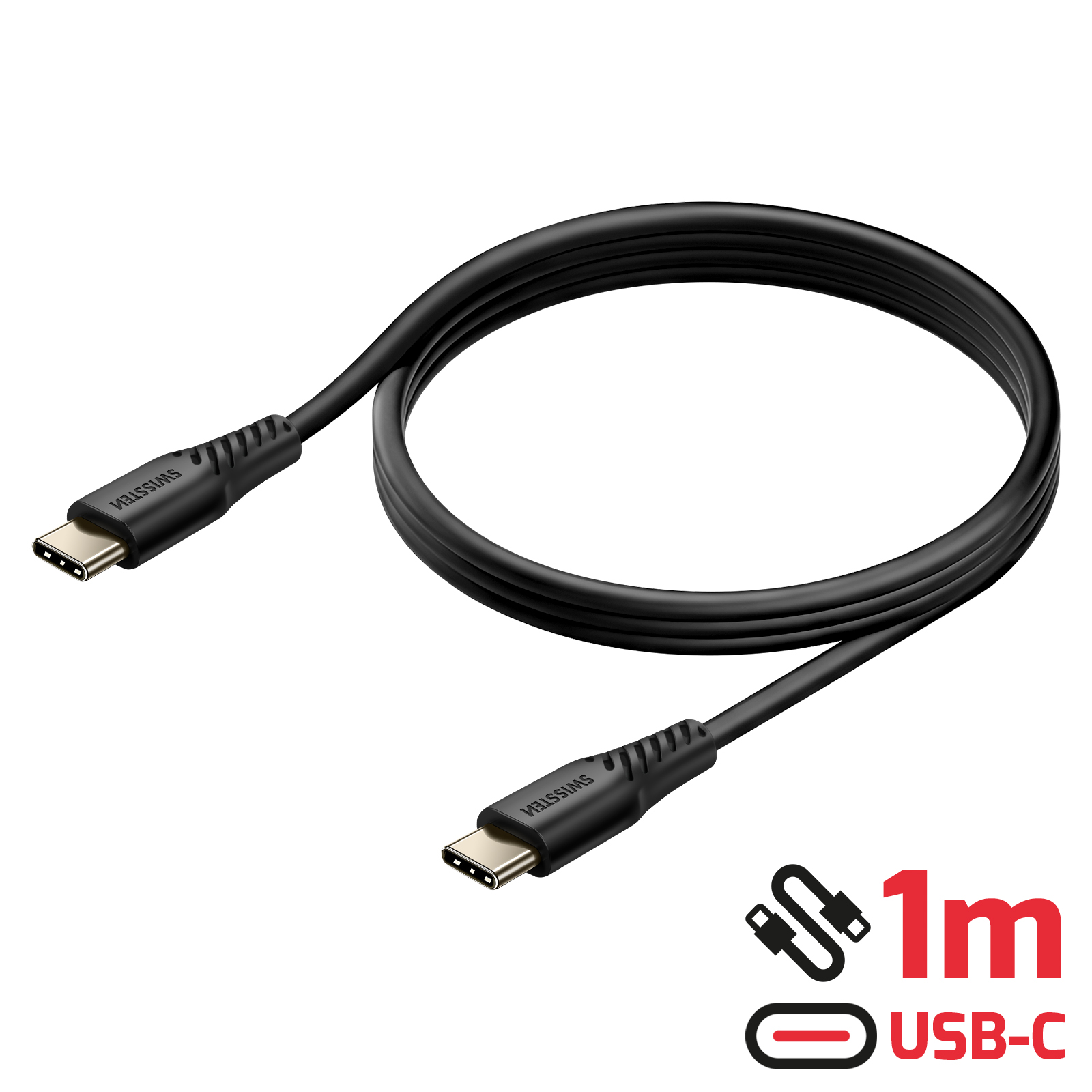 Un cavo USB-C nero di Swissima. È lungo 1 metro. Il cavo ha loghi USB-C. Sfondo bianco.