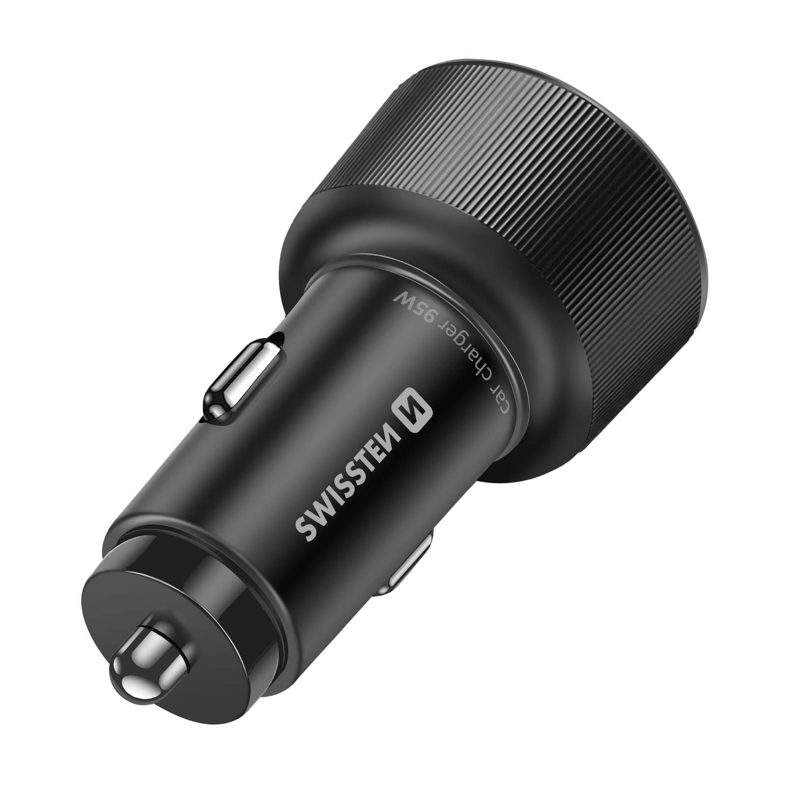Caricabatterie per auto nero con parte superiore a coste e le parole 'SwissTen' e 'car charger 95W'. Sfondo bianco.
