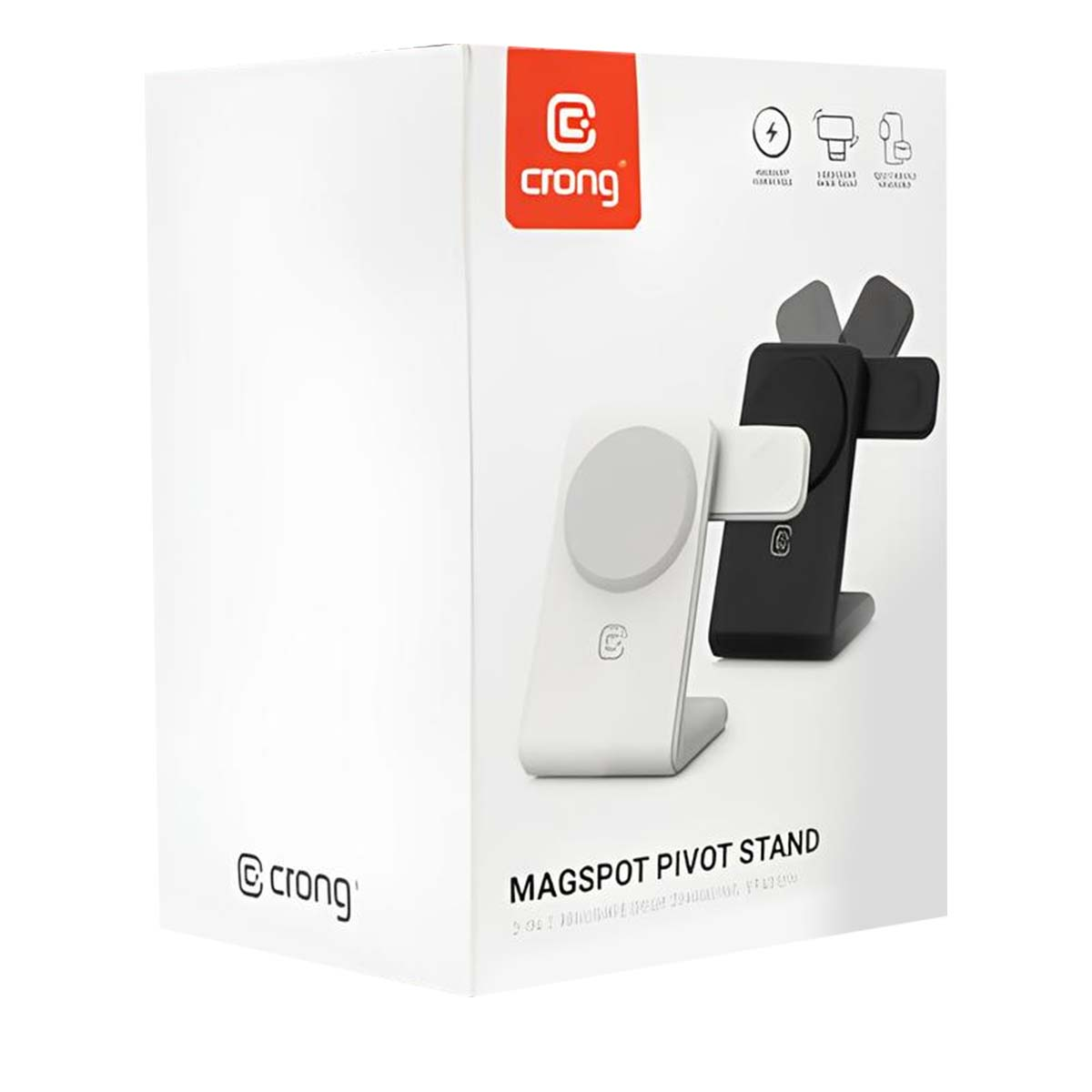 Scatola con supporto per telefono bianco e nero. La scatola riporta il marchio Crong.