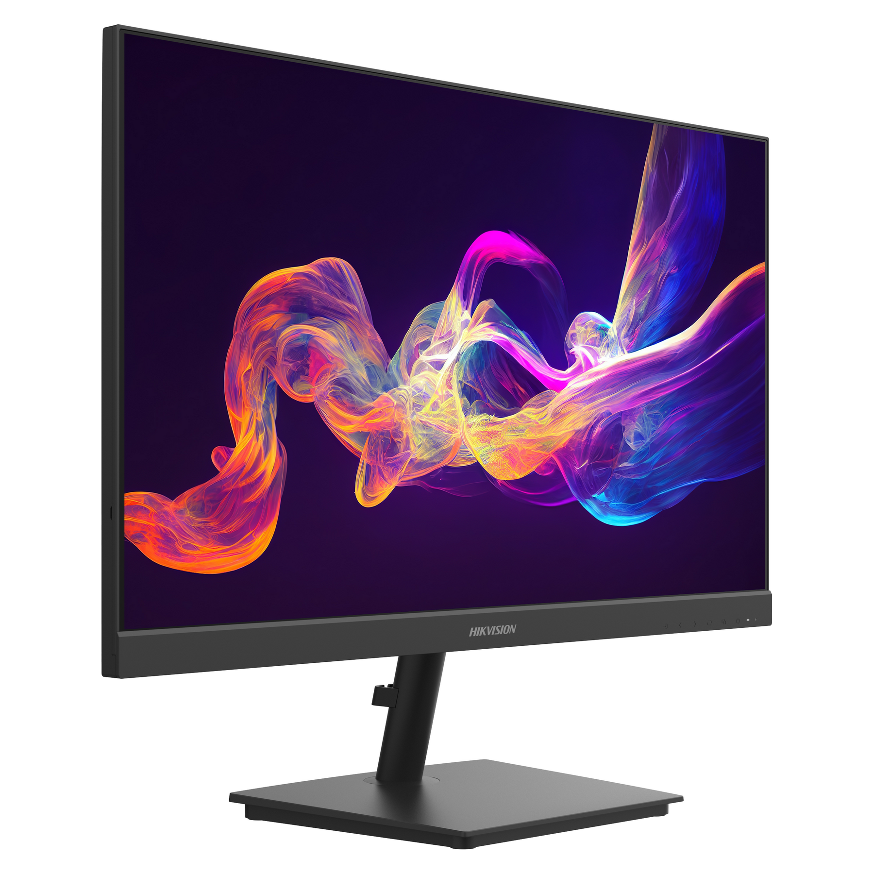 Un monitor di computer con sfondo scuro mostra forme astratte colorate e vorticose. Il supporto e la cornice sono neri.