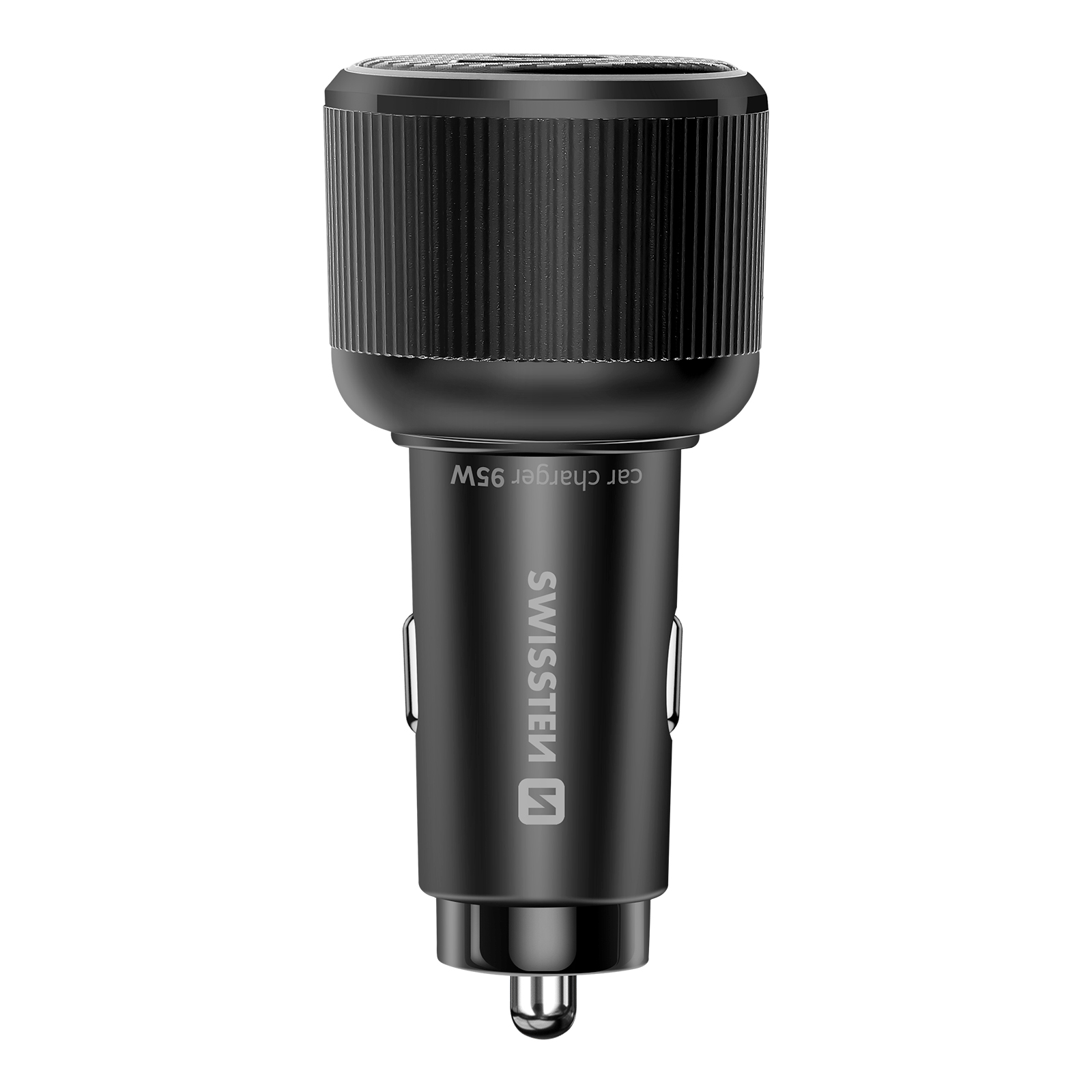Un caricabatterie per auto nero con il marchio 'Swisssten' e 'car charger 95W' stampato, isolato su bianco.