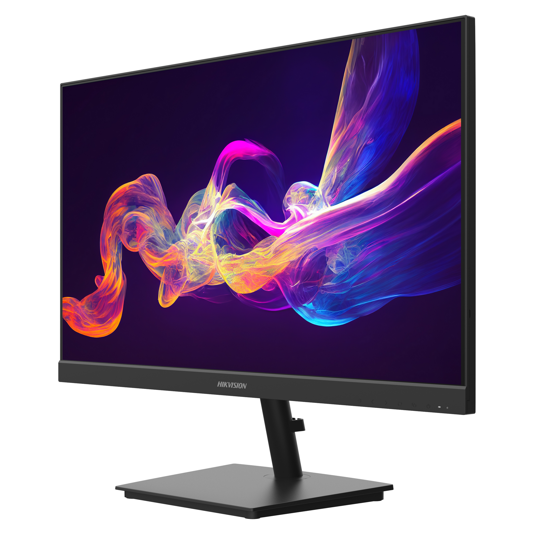 Un monitor nero Hikvision mostra arte astratta colorata. È angolato su un supporto nero su sfondo bianco.