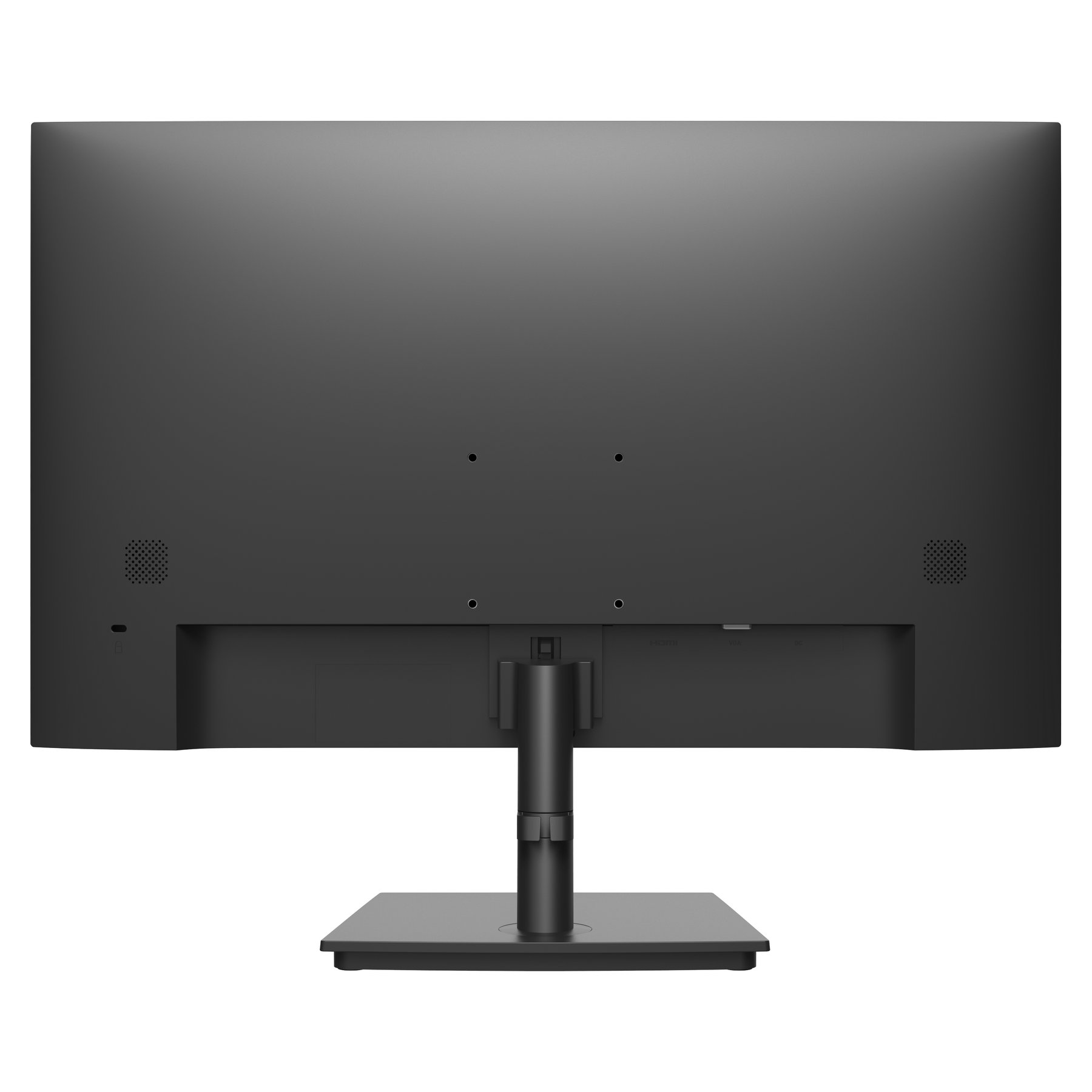 Vista posteriore di un monitor nero. Ha un supporto e porte. Lo schermo e la cornice sono neri.