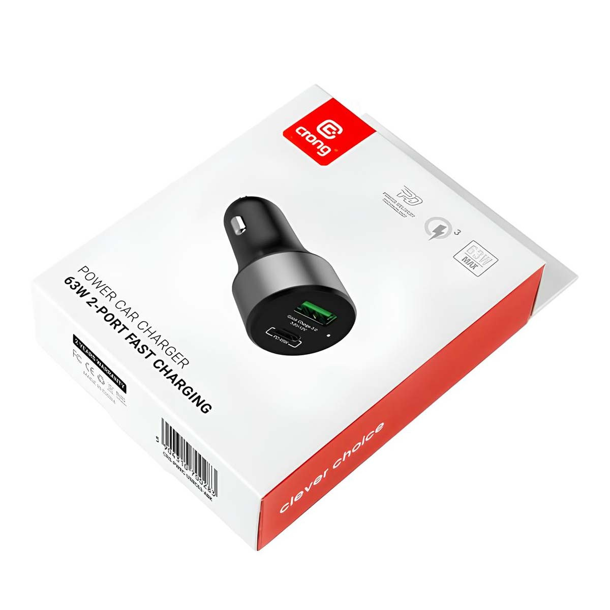 Ein Autoladegerät in einer Schachtel. Die Schachtel hat den Markennamen crong. Es ist ein 63W 2-Port-Schnelllade-Power-Autoladegerät.