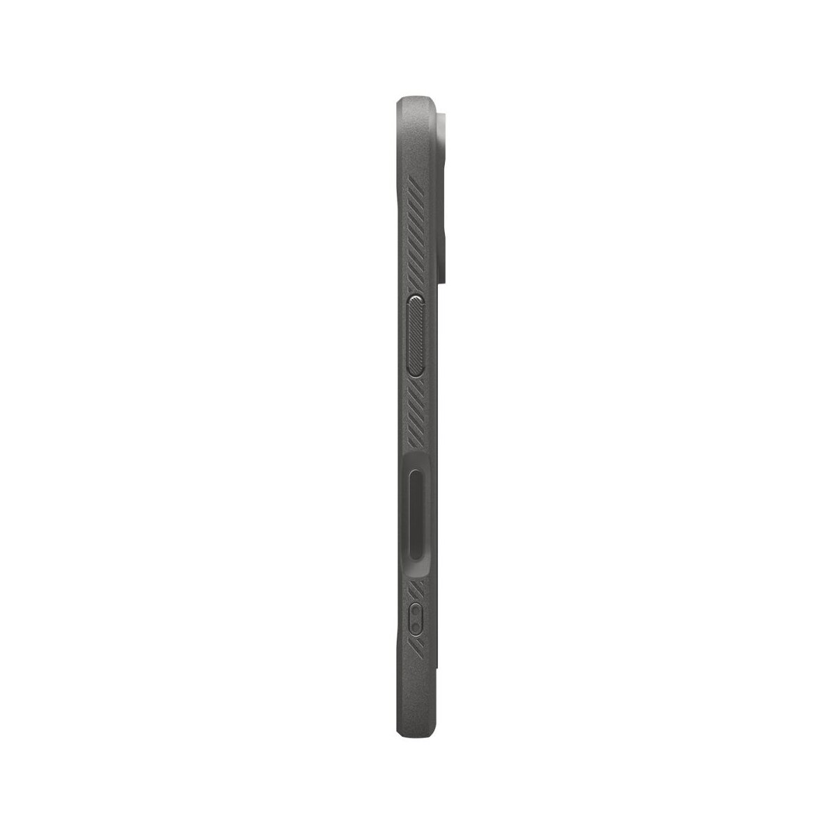 Zijaanzicht van een grijze telefoonhoes. Het heeft een getextureerd oppervlak met knoppen en ribbels, dat de rand van een telefoon laat zien.