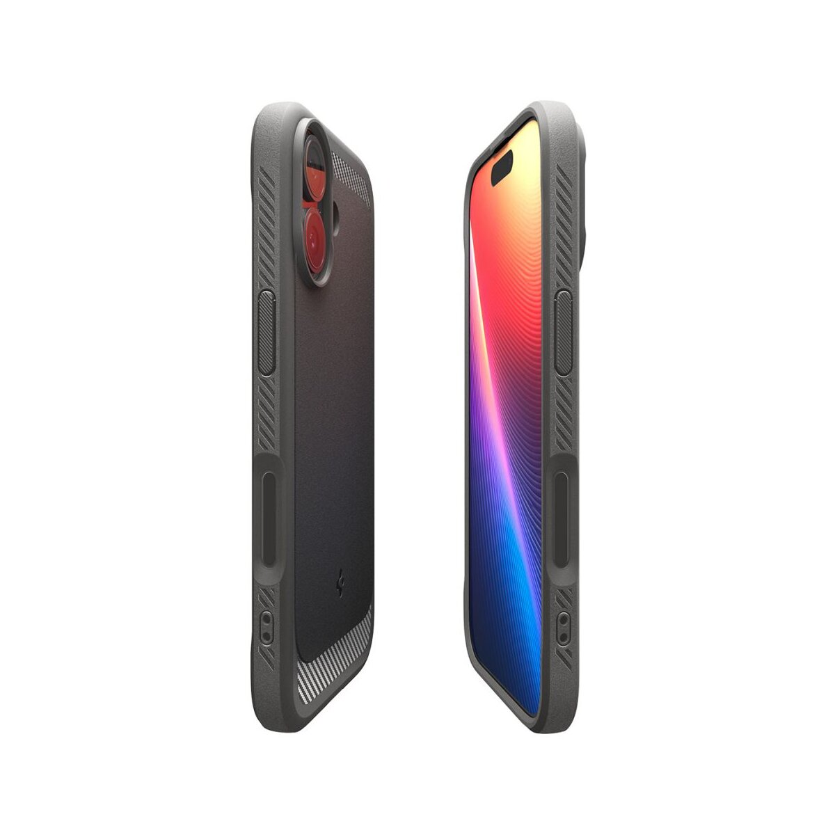 Twee smartphones in beschermhoezen. Eén toont de camera, de ander het scherm met kleurrijke abstracte kunst. Grijze hoezen.