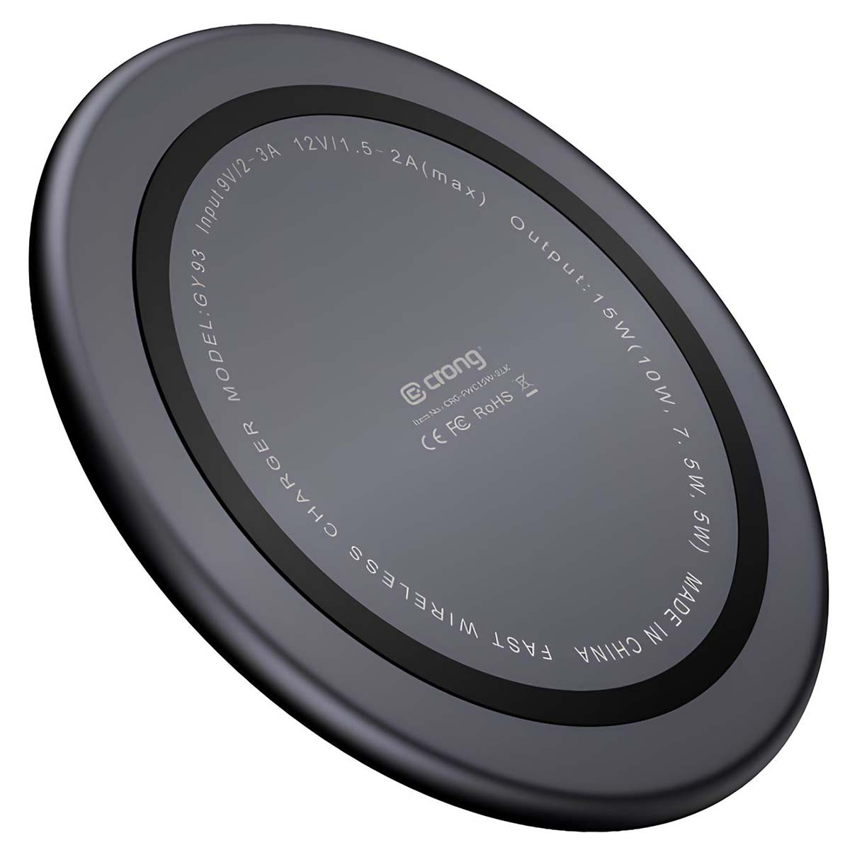Ein schwarzes kabelloses Ladegerät mit kreisförmigem Design. Es hat Inschriften, die Modell- und Ausgangsspezifikationen angeben. Hergestellt in China.