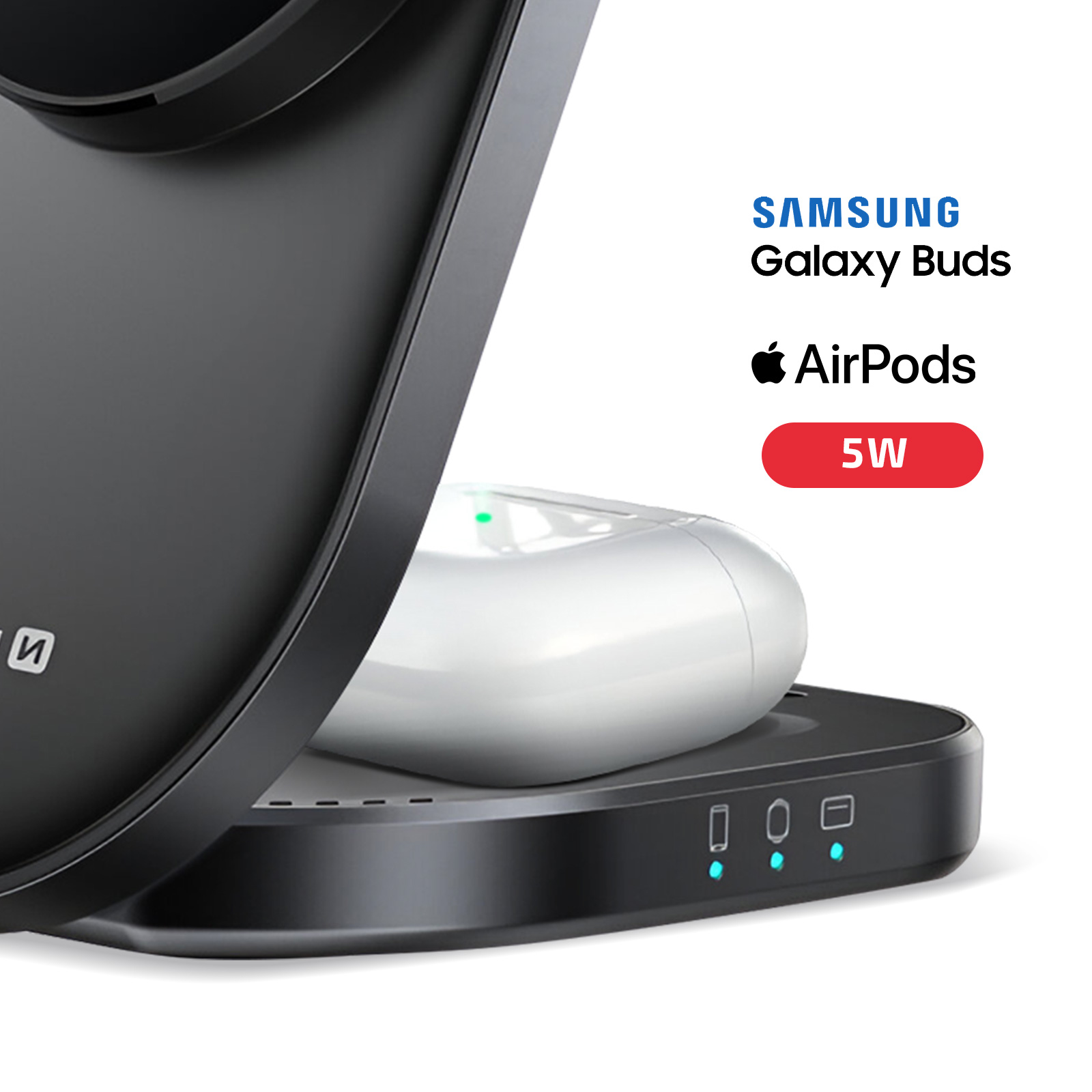 Eine schwarze Ladestation mit weißen Ohrhörern. Text: Samsung Galaxy Buds, AirPods und 5W.