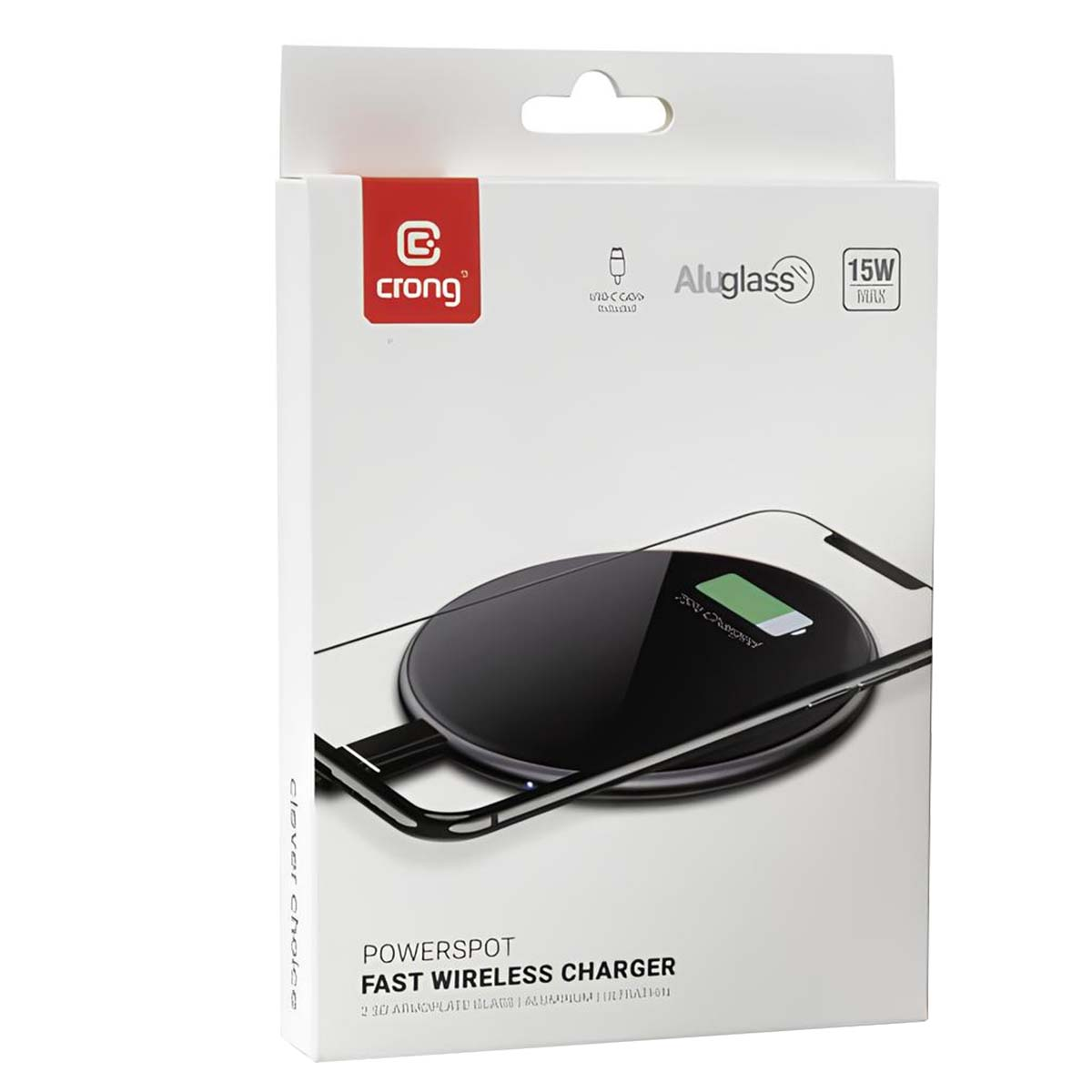 Drahtloses Ladegerät in der Box. Schwarzes Ladepad auf einem Telefon. Die Box enthält den Markennamen und Produktdetails.