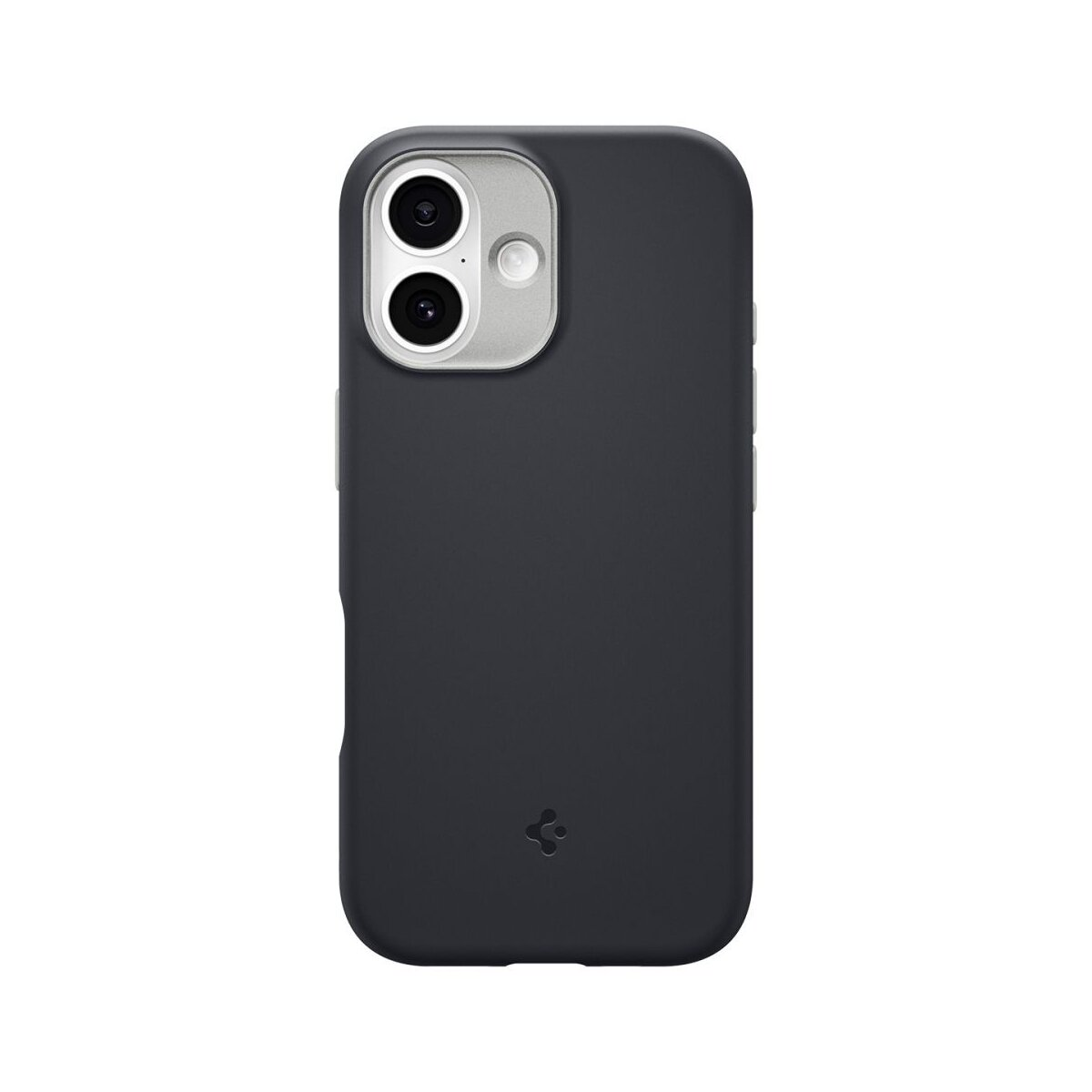 Una custodia per telefono grigio scuro con un ritaglio per la fotocamera e il logo in basso. Lo sfondo è bianco.