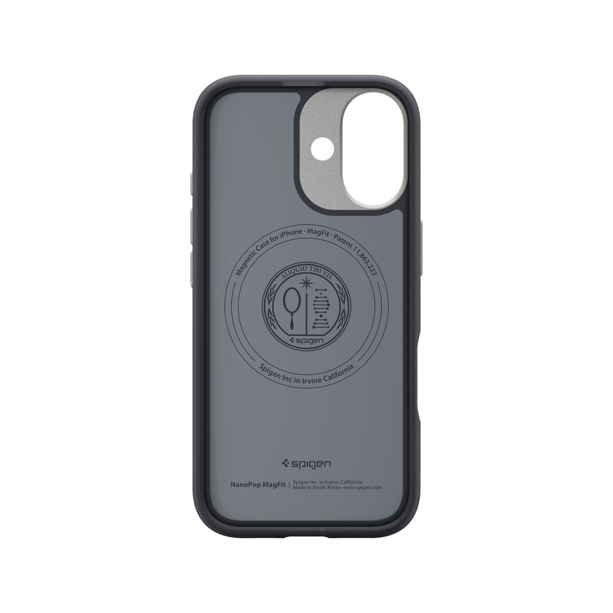 Una custodia grigia per telefono con bordo nero. Presenta il logo e il testo Spigen, tra cui 'Magnetic Case for iPhone' e 'NanoPop MagFit'.