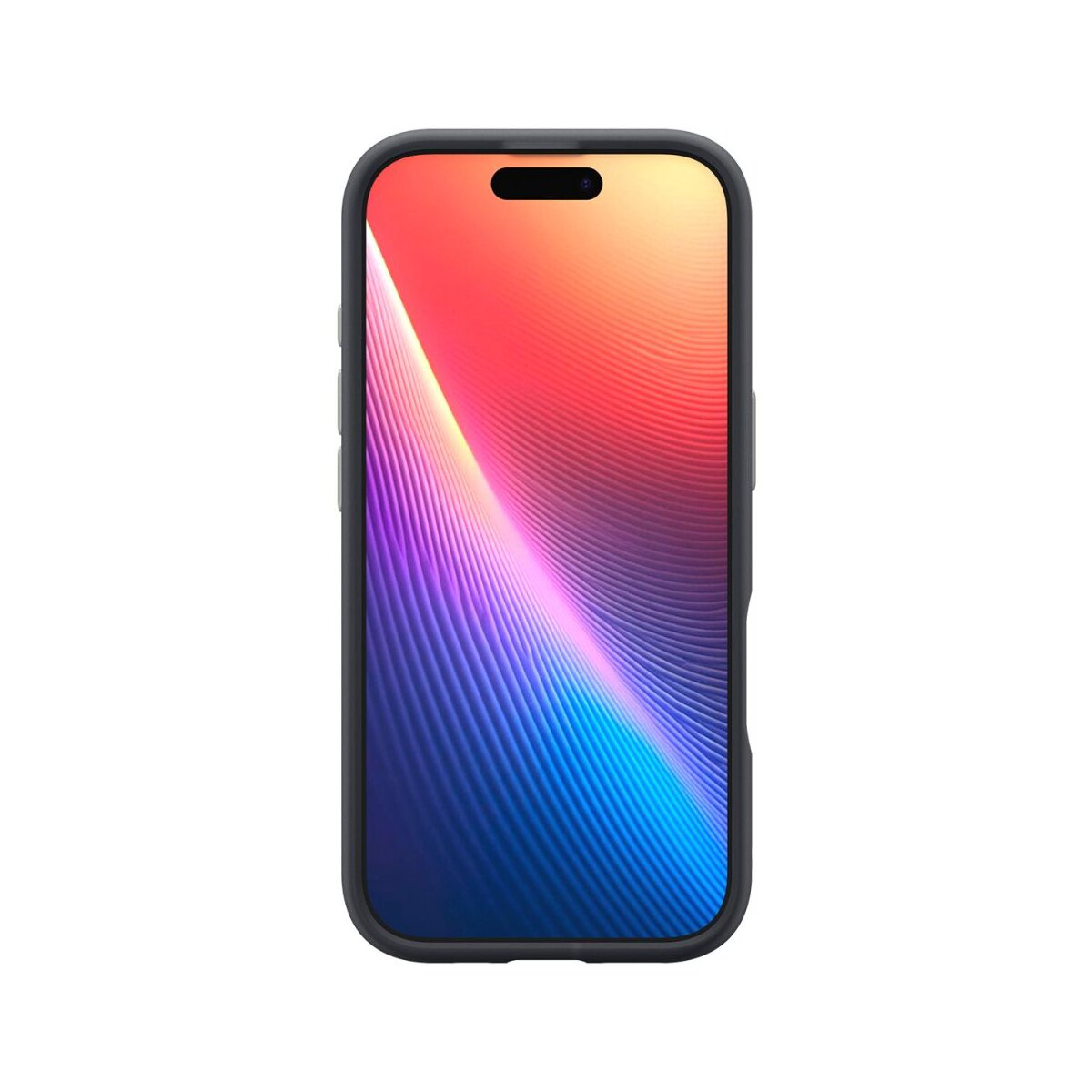 Smartphone con schermo colorato che mostra linee astratte. Il telefono è in una custodia scura. Lo sfondo è bianco.