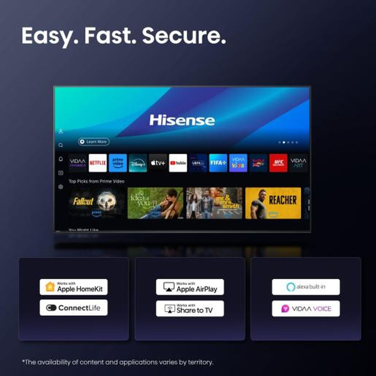 Telewizor Hisense wyświetla aplikacje, takie jak Netflix. Poniżej znajdują się ikony Apple HomeKit, AirPlay i Alexa.