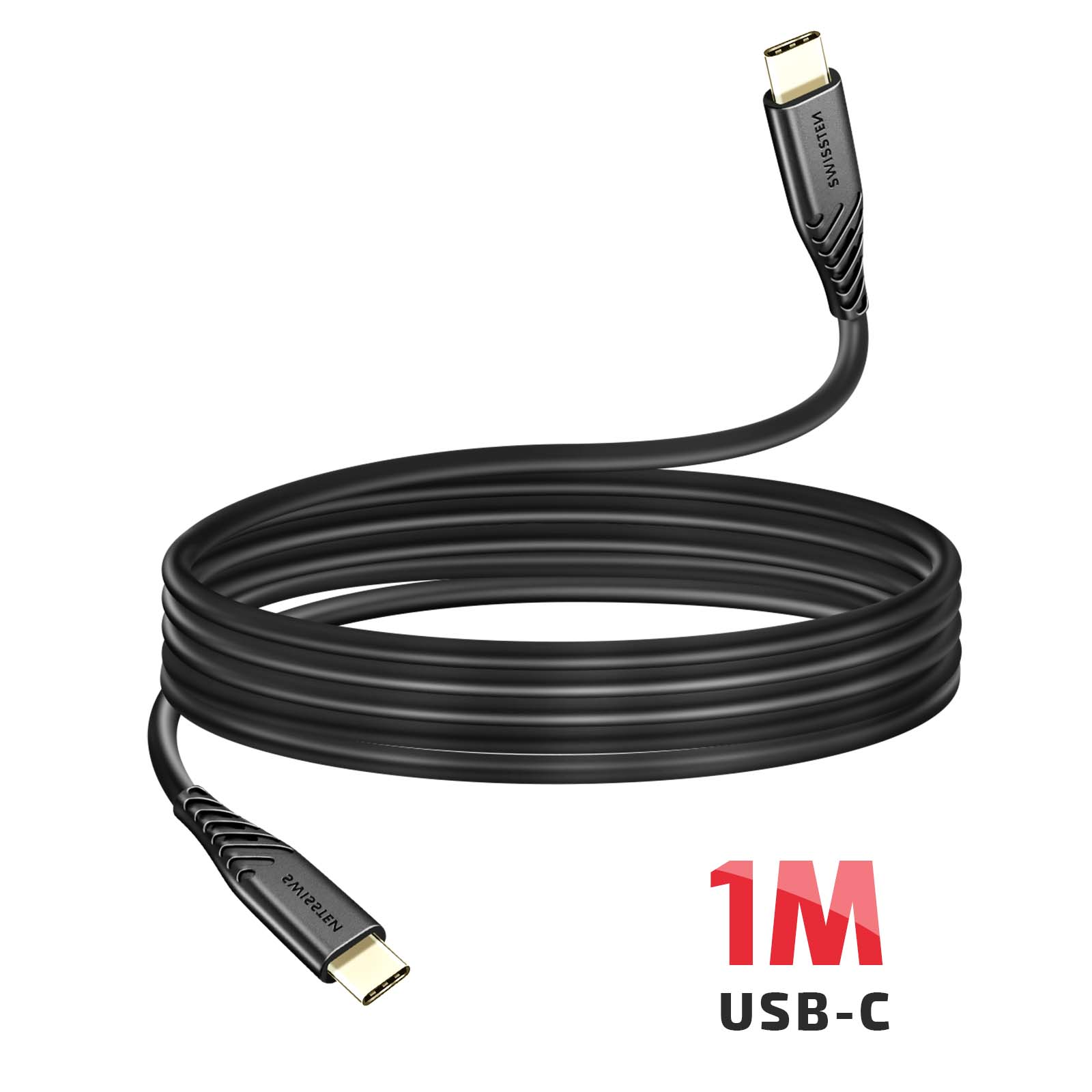 Un cable USB-C negro, enrollado, con etiquetas 'SWISS+TEK' y '1M USB-C'. Conectores dorados visibles.