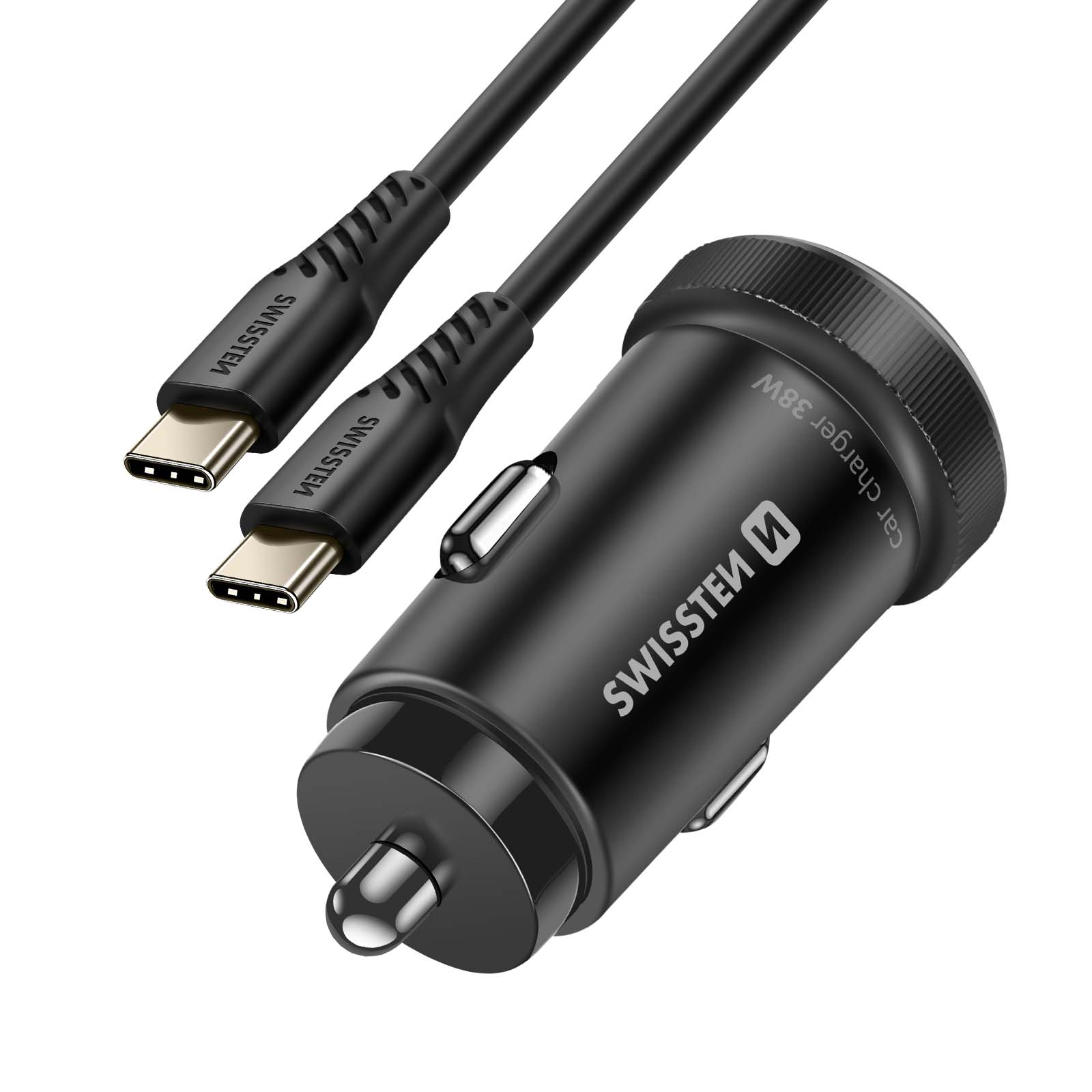 Un caricabatterie per auto nero con due cavi USB-C neri. Il caricabatterie e i cavi sono marchiati SWISSTEN.