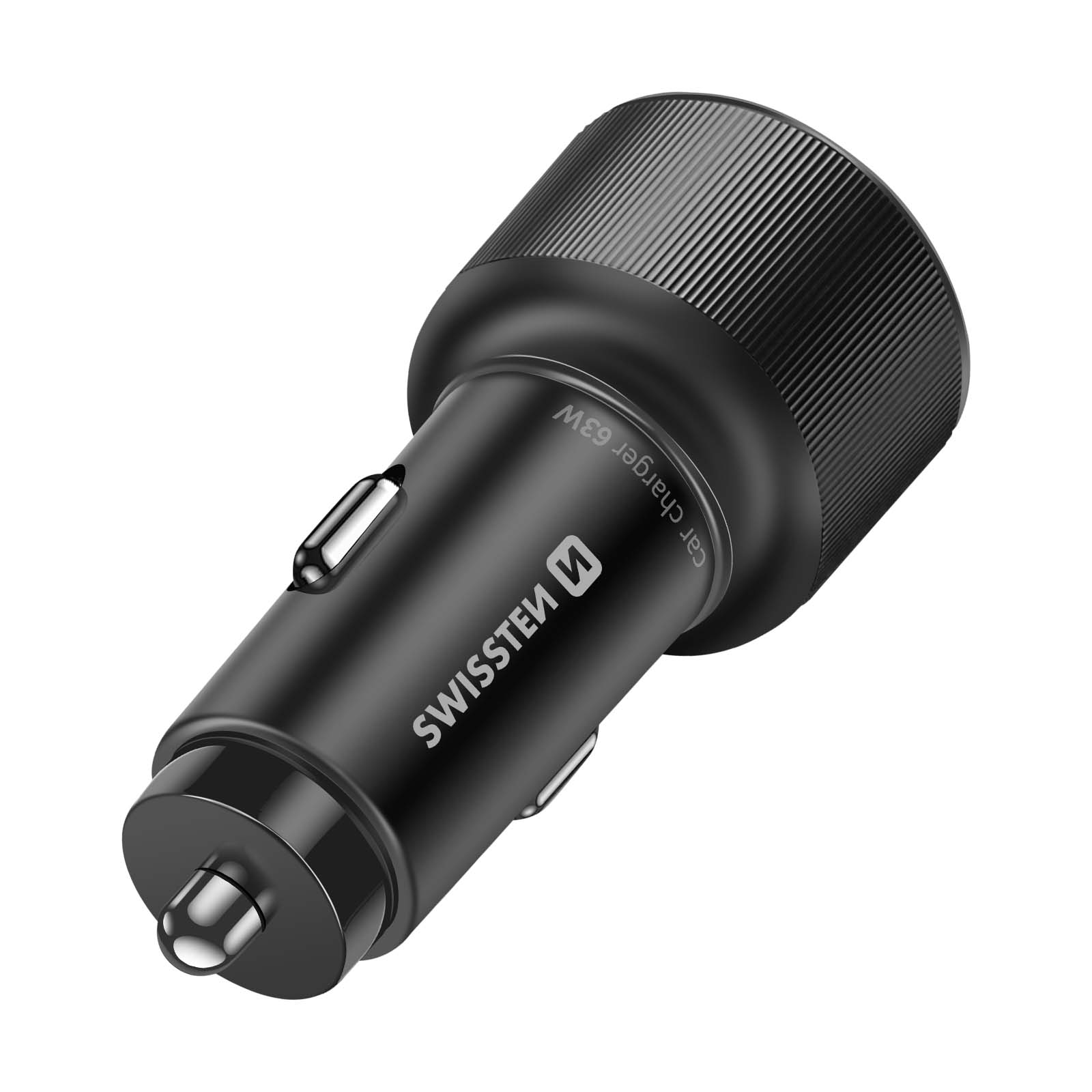 Schwarzes Autoladegerät von Swissten. Es hat eine zylindrische Form, eine silberne Spitze und den Text "car charger 63W".