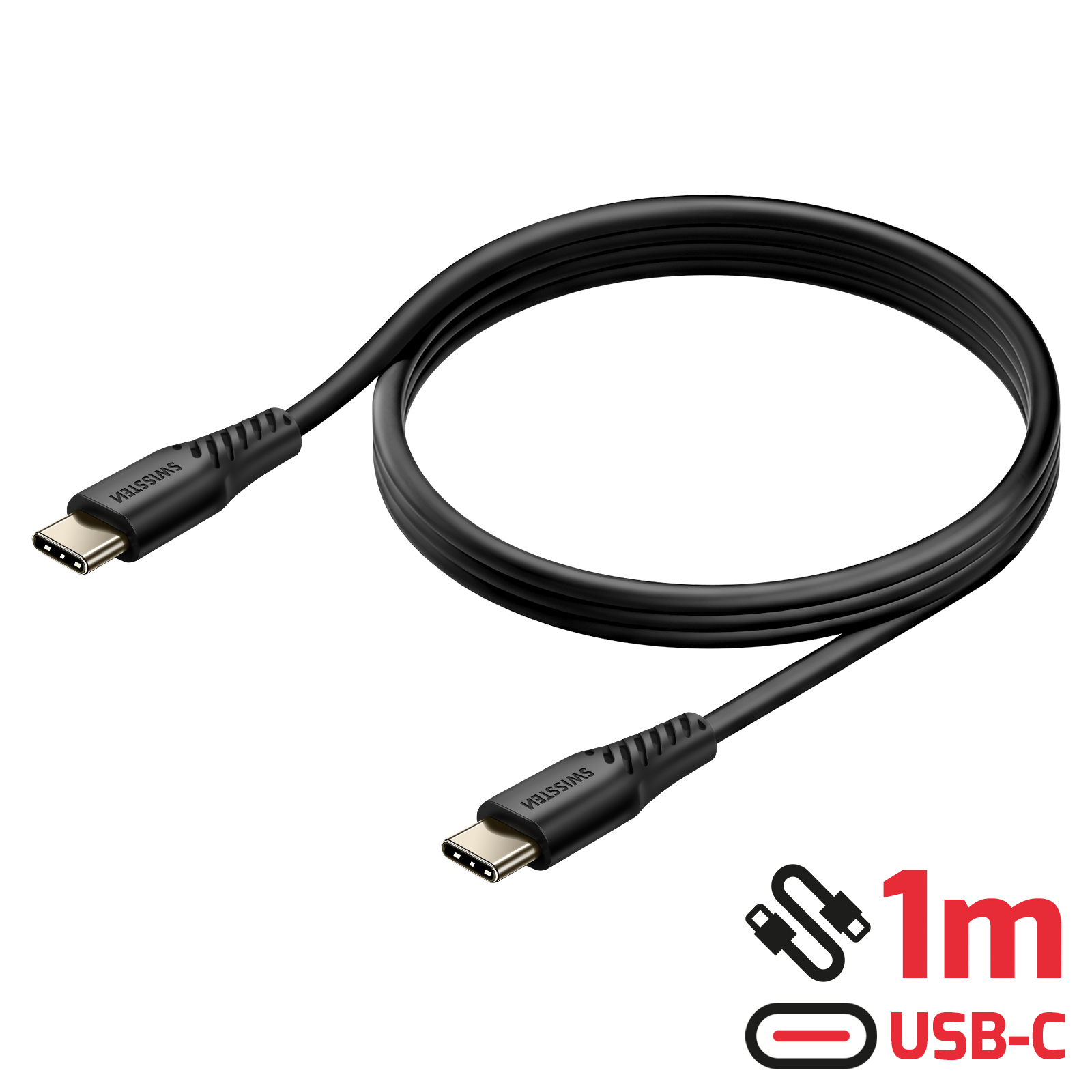 Cavo USB-C nero, lungo 1 metro, con connettori SWISSTEN. Icone indicano USB-C e lunghezza del cavo.