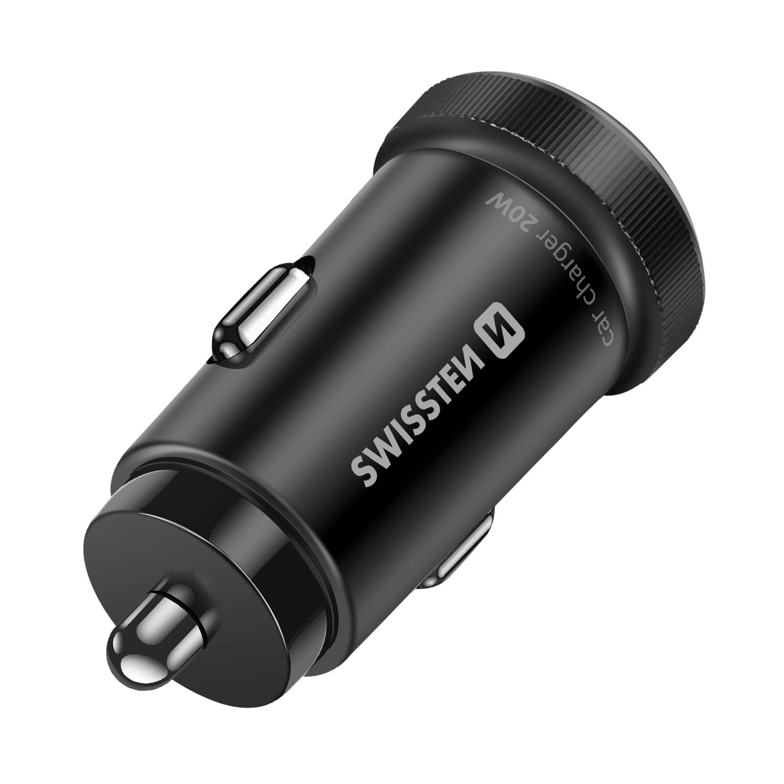 Caricabatterie per auto nero con dettagli argentati e testo 'SWISSTEI' e 'car charger 20W' su sfondo bianco.