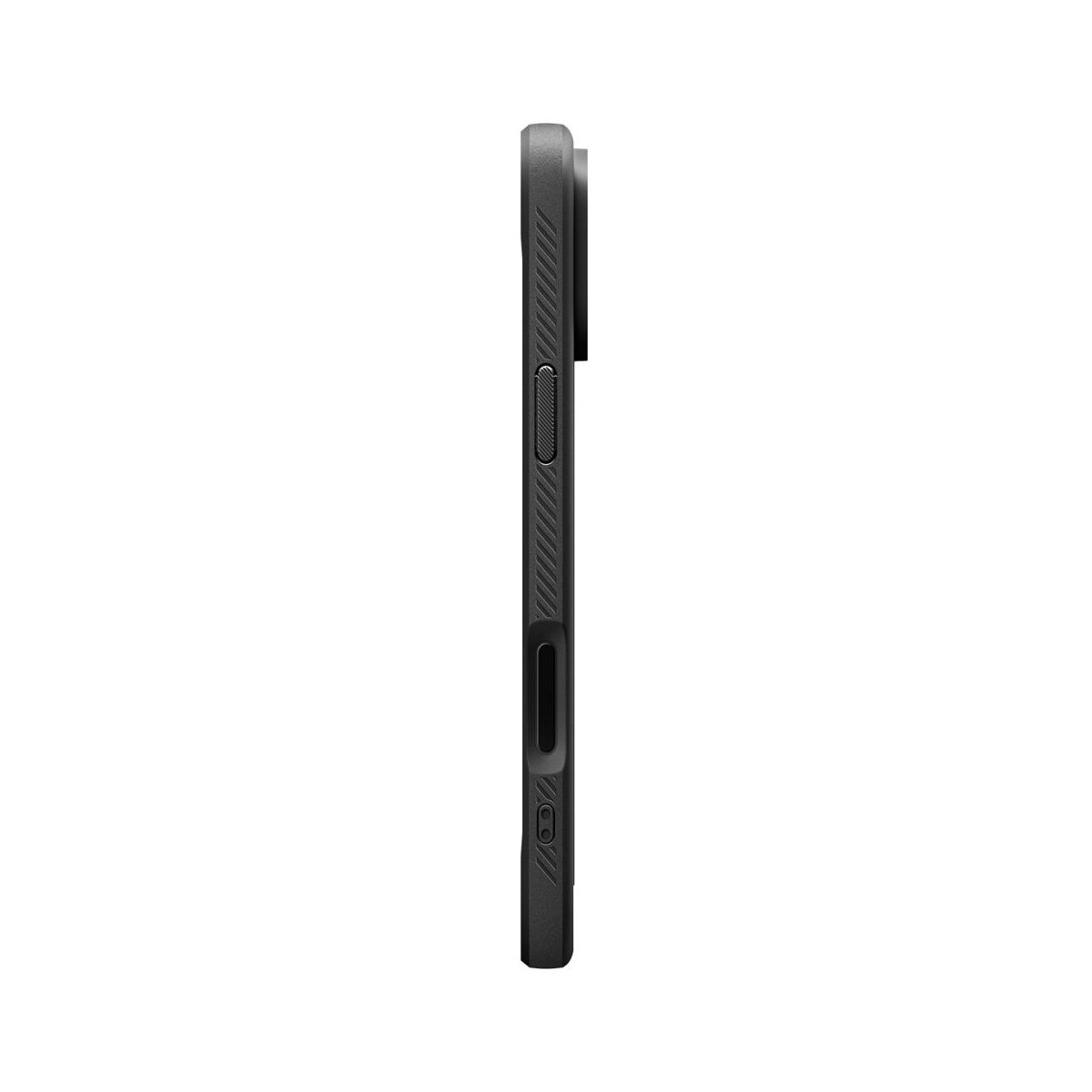 Vue latérale d'une coque de téléphone noire. Elle a une surface texturée avec des boutons et une découpe pour l'appareil photo. Le fond est blanc.