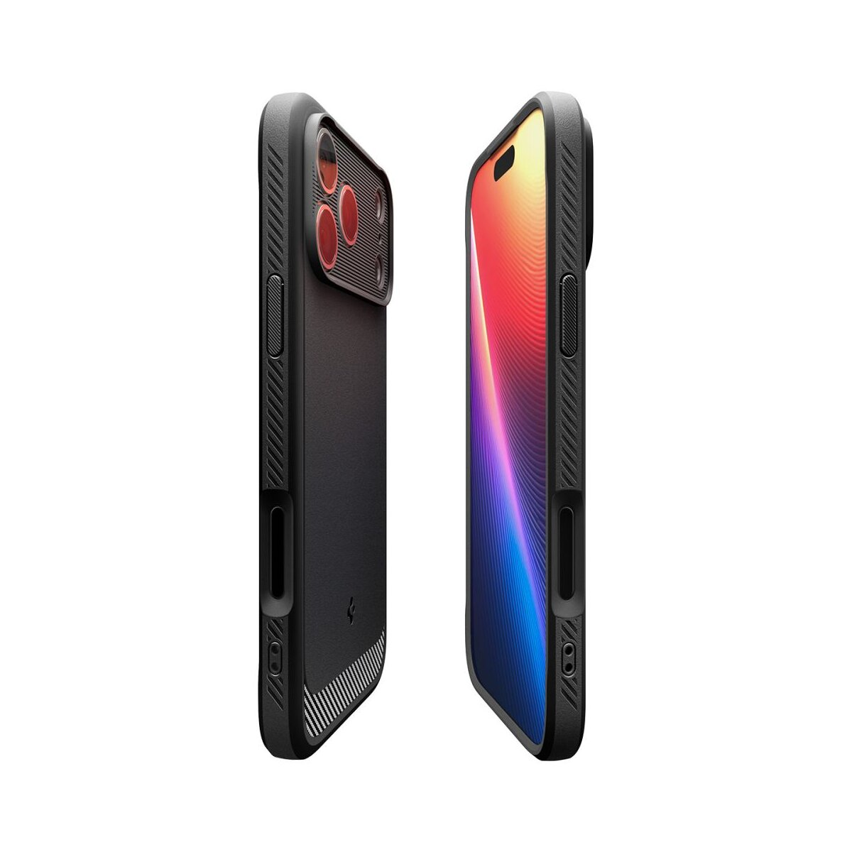 Deux téléphones noirs avec étuis, l'un montrant les détails de la caméra et l'autre un écran coloré, sur fond blanc.