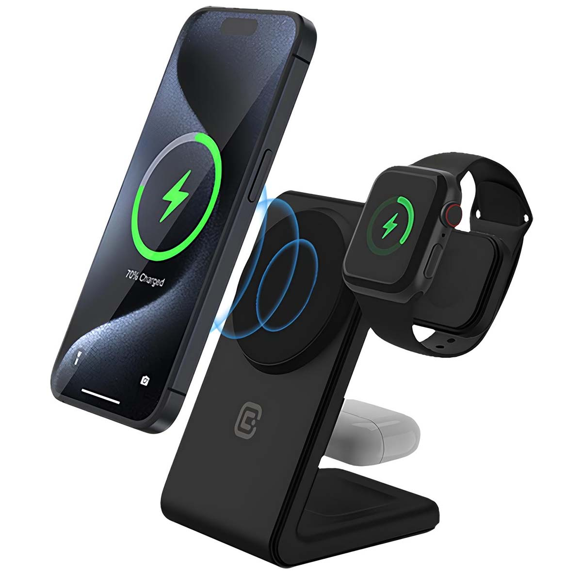 Telefono nero e smartwatch in carica su un supporto. Entrambi mostrano un simbolo di carica. Stazione di ricarica wireless con auricolari.