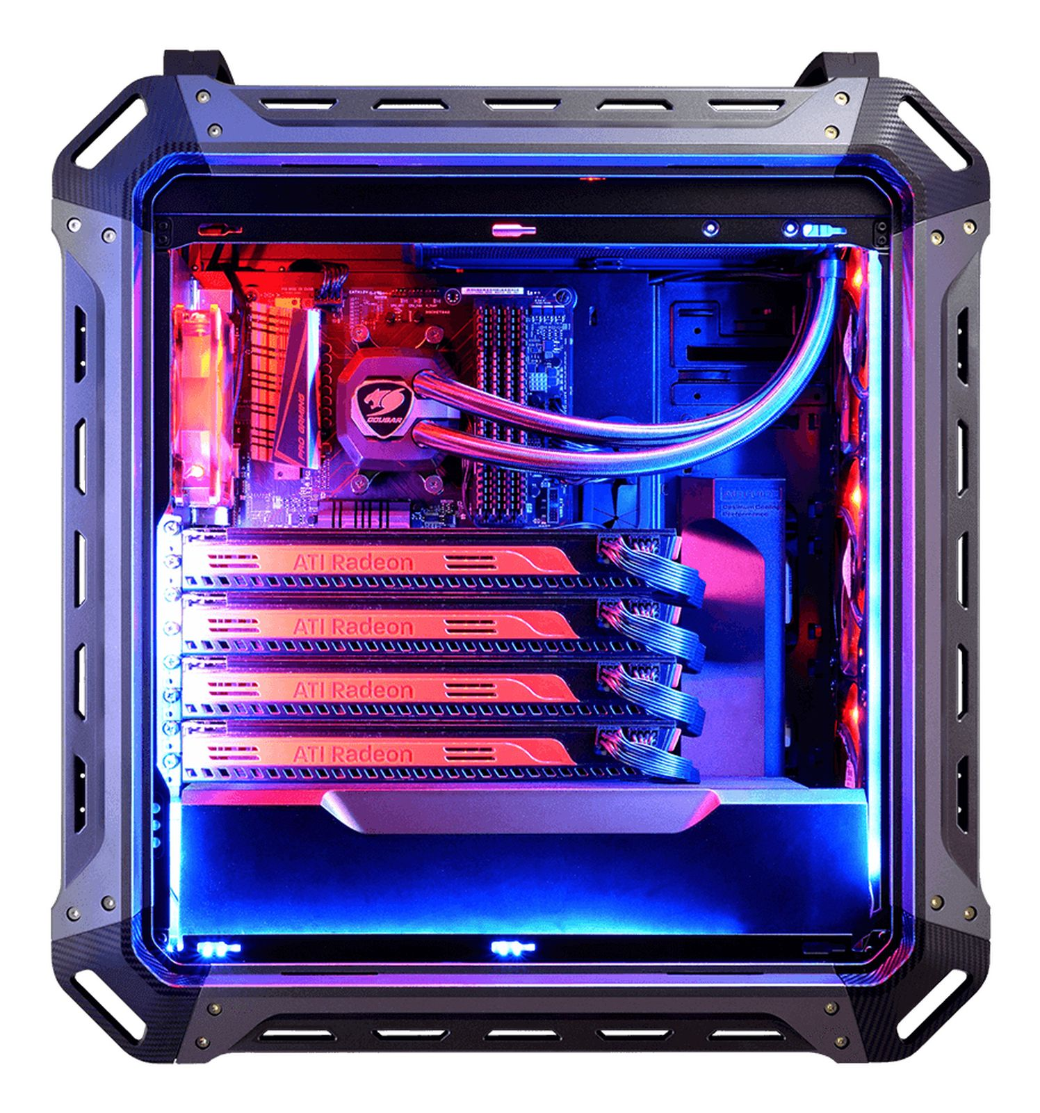 Un case per computer con componenti interni illuminati da LED rossi e blu. Sono visibili schede grafiche con loghi ATI Radeon.
