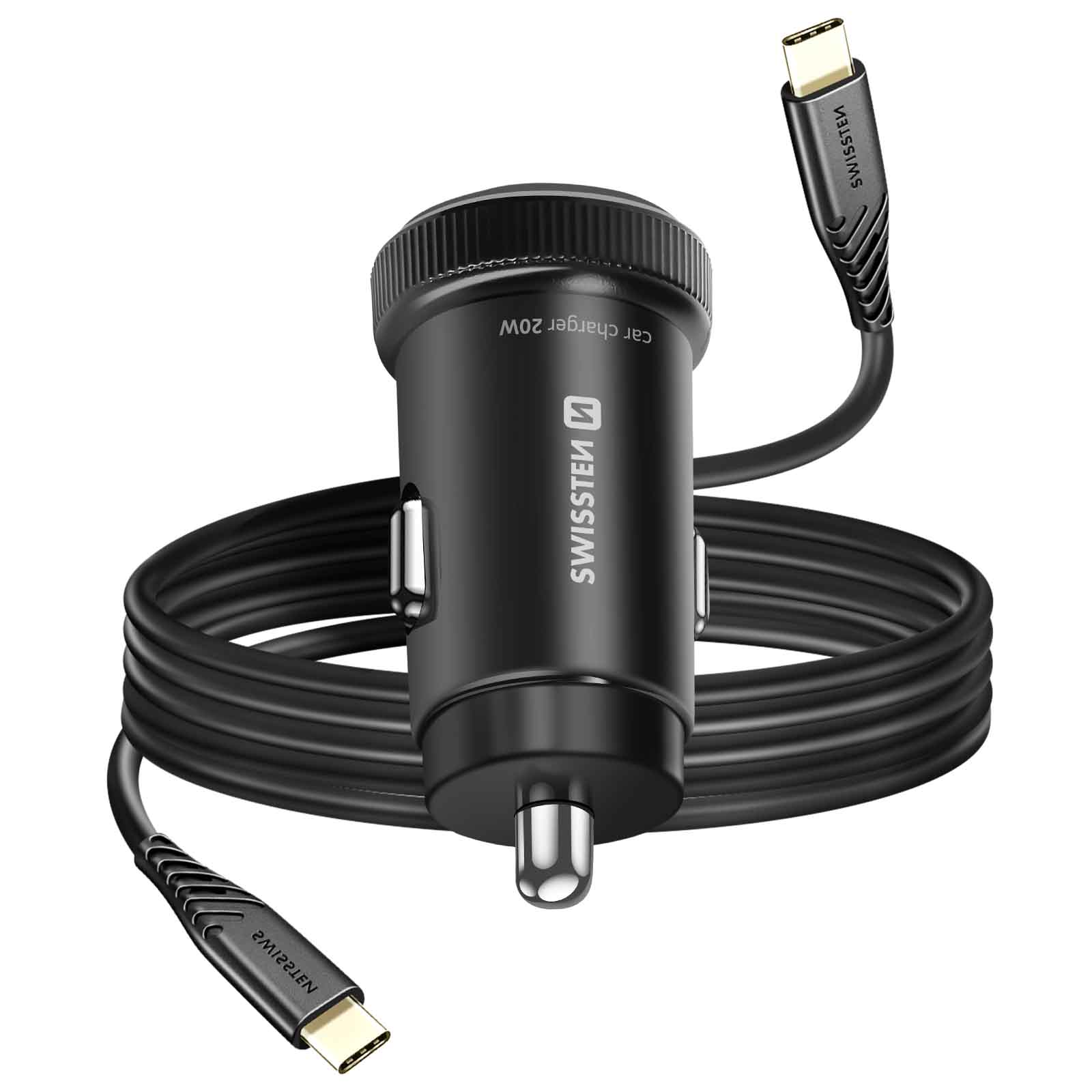 Ein schwarzes Autoladegerät mit einem USB-C-Kabel. Es trägt den Markennamen SWISSTEN. Das Kabel ist um das Ladegerät gewickelt.