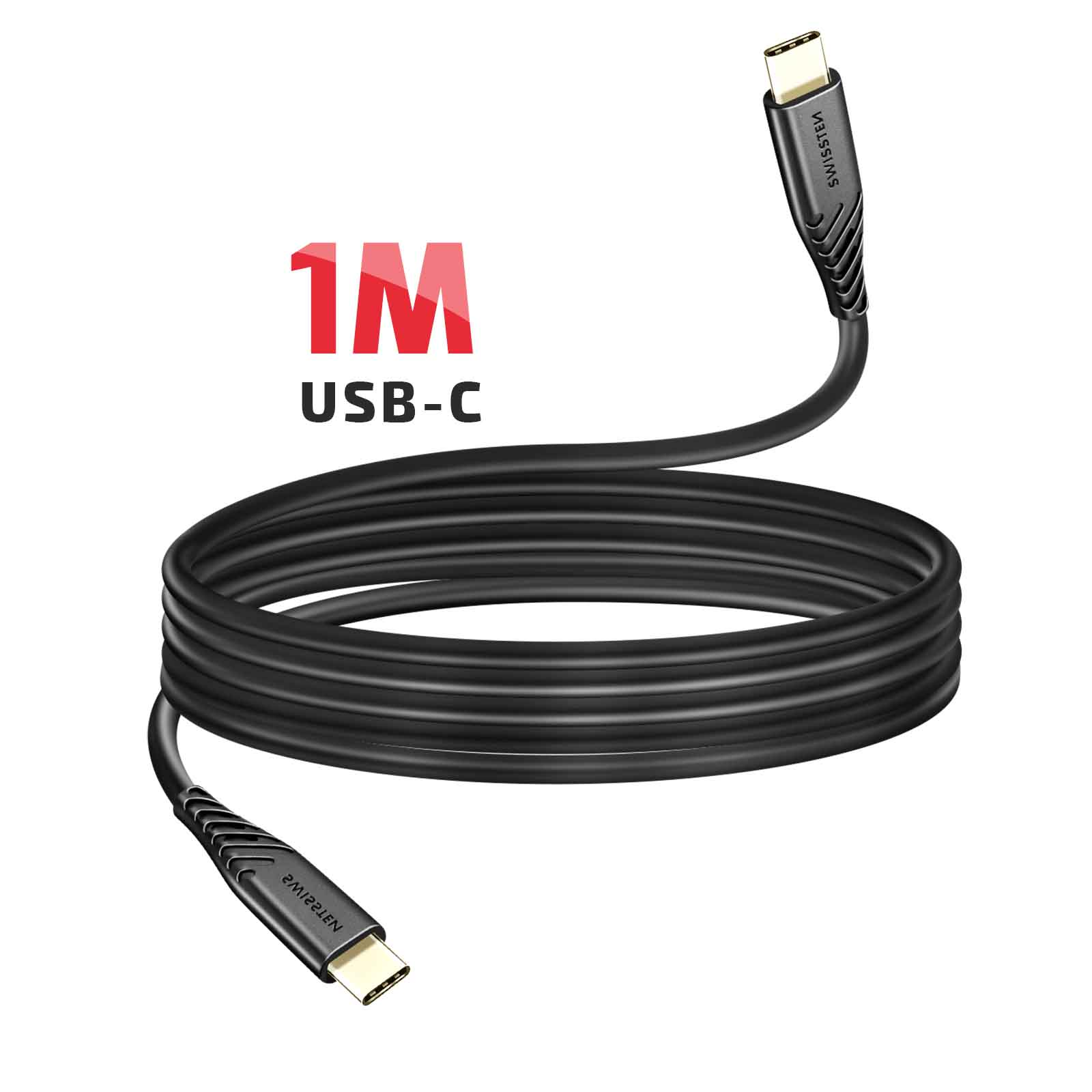 Schwarzes USB-C-Kabel, aufgerollt, mit Goldsteckern. Der Text '1M USB-C' ist auf weißem Hintergrund gedruckt.