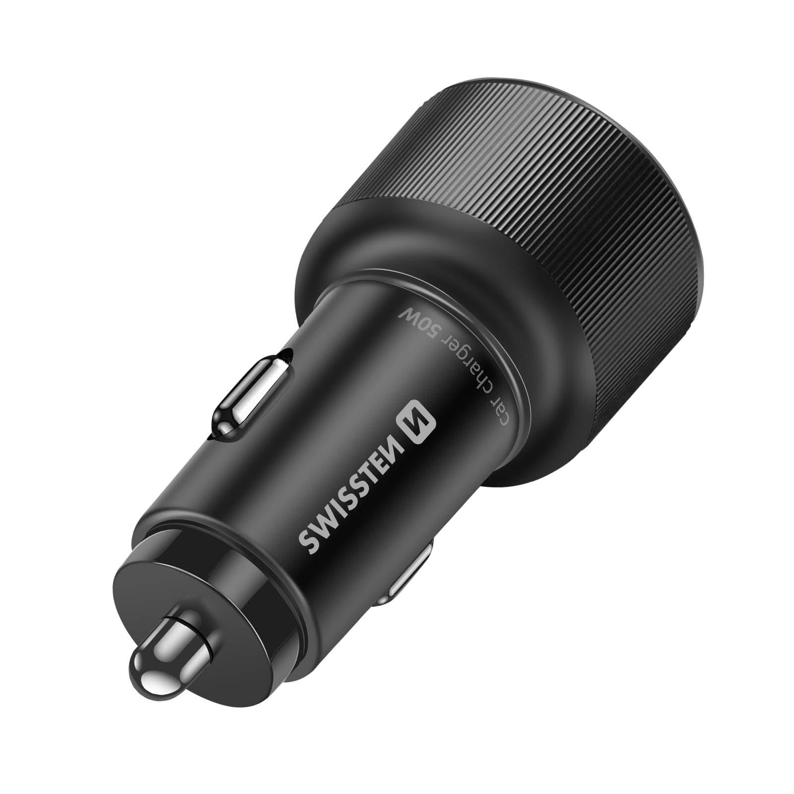 Ein schwarzes Autoladegerät mit dem Markennamen 'SWISSTEN' und 'car charger 50W' ist auf weißem Hintergrund sichtbar.