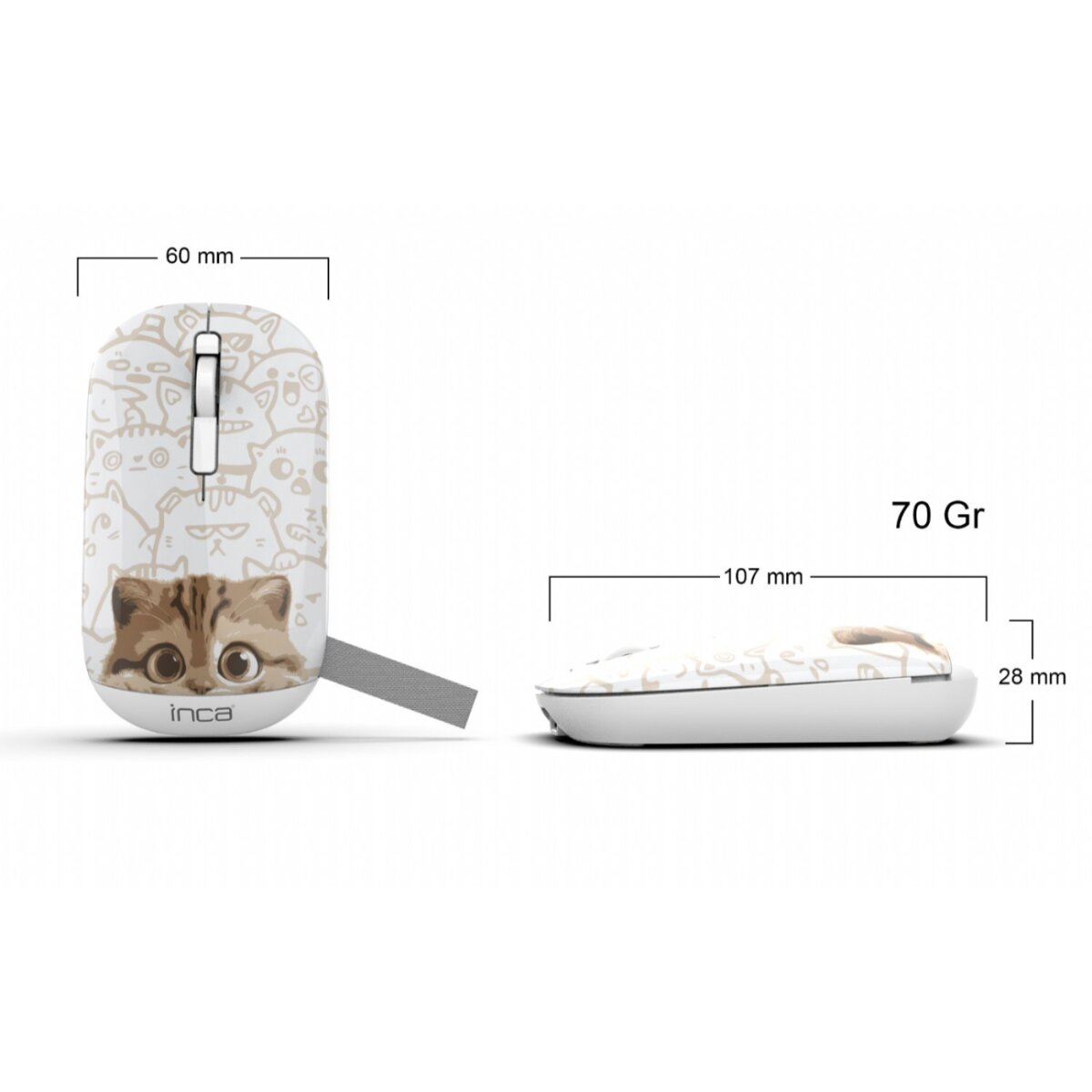 Biała mysz komputerowa z motywem kociej twarzy. Wymiary: 60 mm, 107 mm i 28 mm. Waga: 70 g.