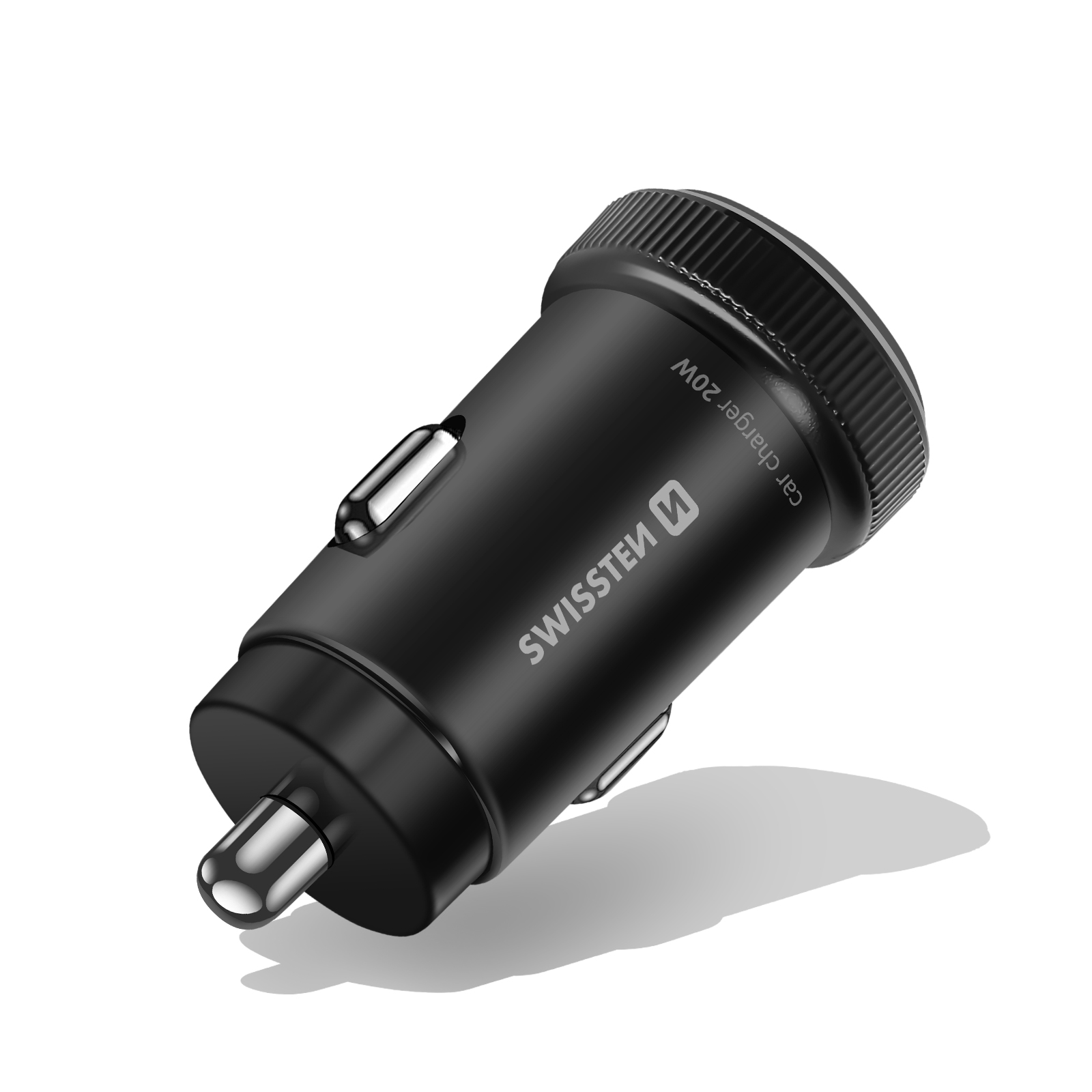 Cargador de coche negro de 20W con el logotipo de Swisssten sobre un fondo blanco. Está en ángulo con una sombra.