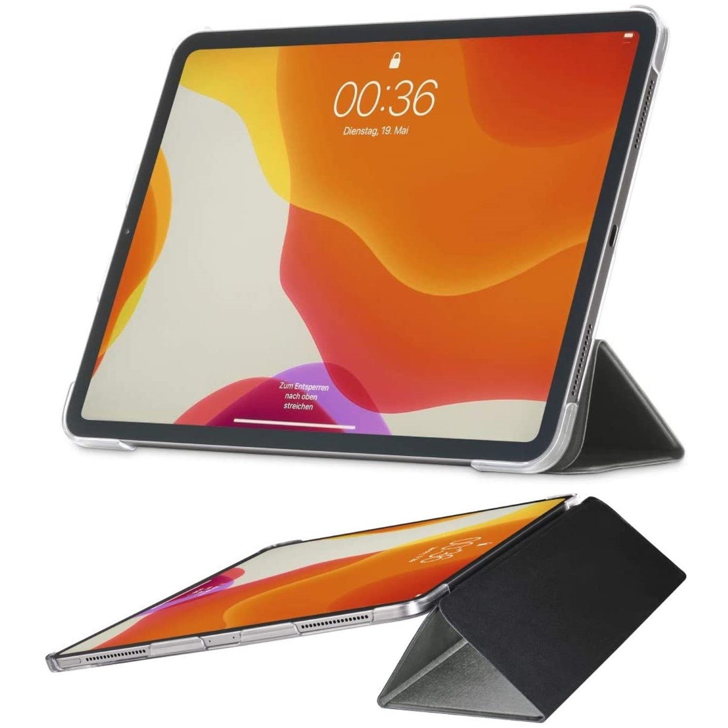 Ein iPad mit durchsichtiger Hülle wird gezeigt, das den Sperrbildschirm mit orangefarbenem und weißem Hintergrund und einem schwarzen Ständer zeigt.