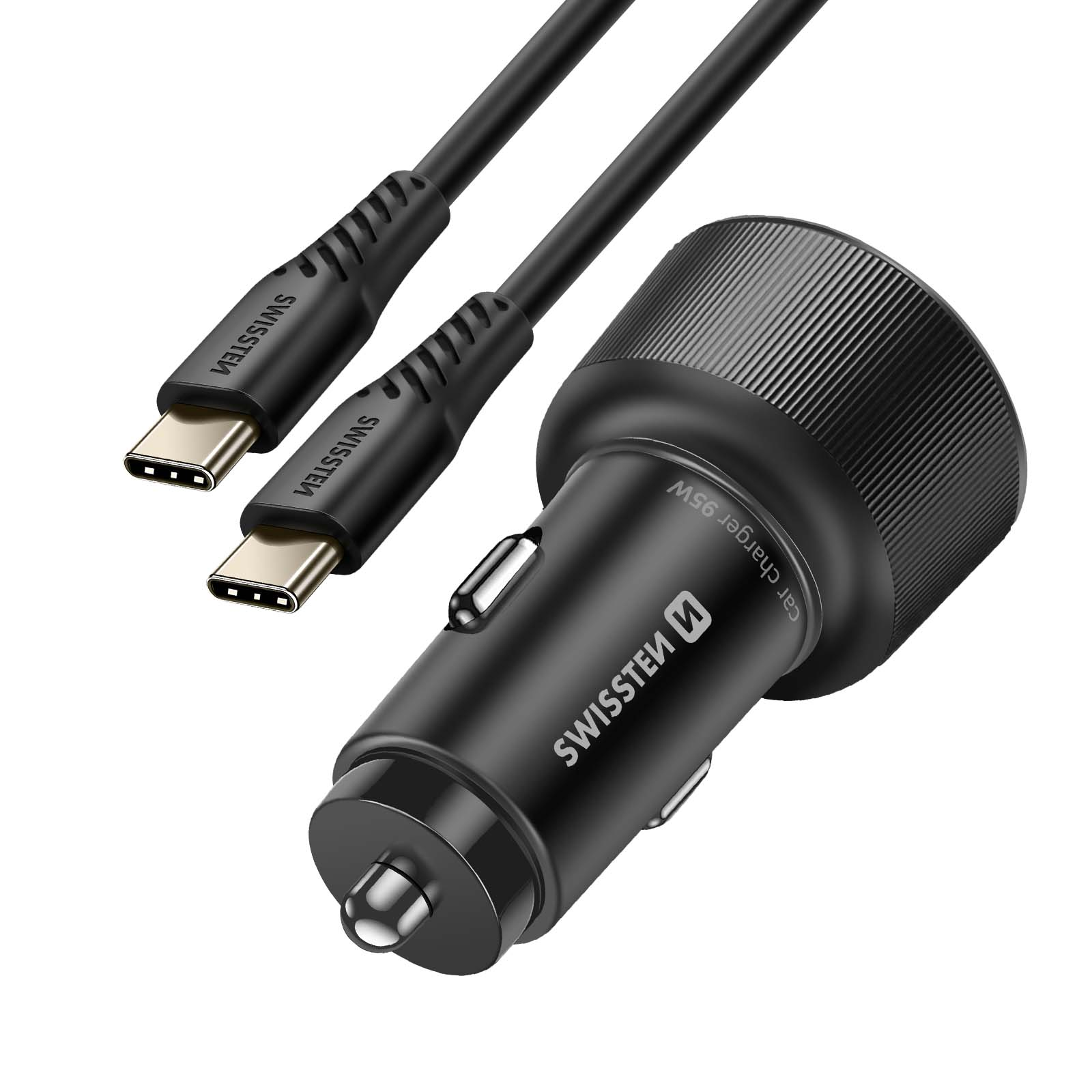 Schwarzes Autoladegerät und zwei USB-C-Kabel. Auf dem Ladegerät steht 'car charger 95W' und 'SWISSTEN'. Weißer Hintergrund.