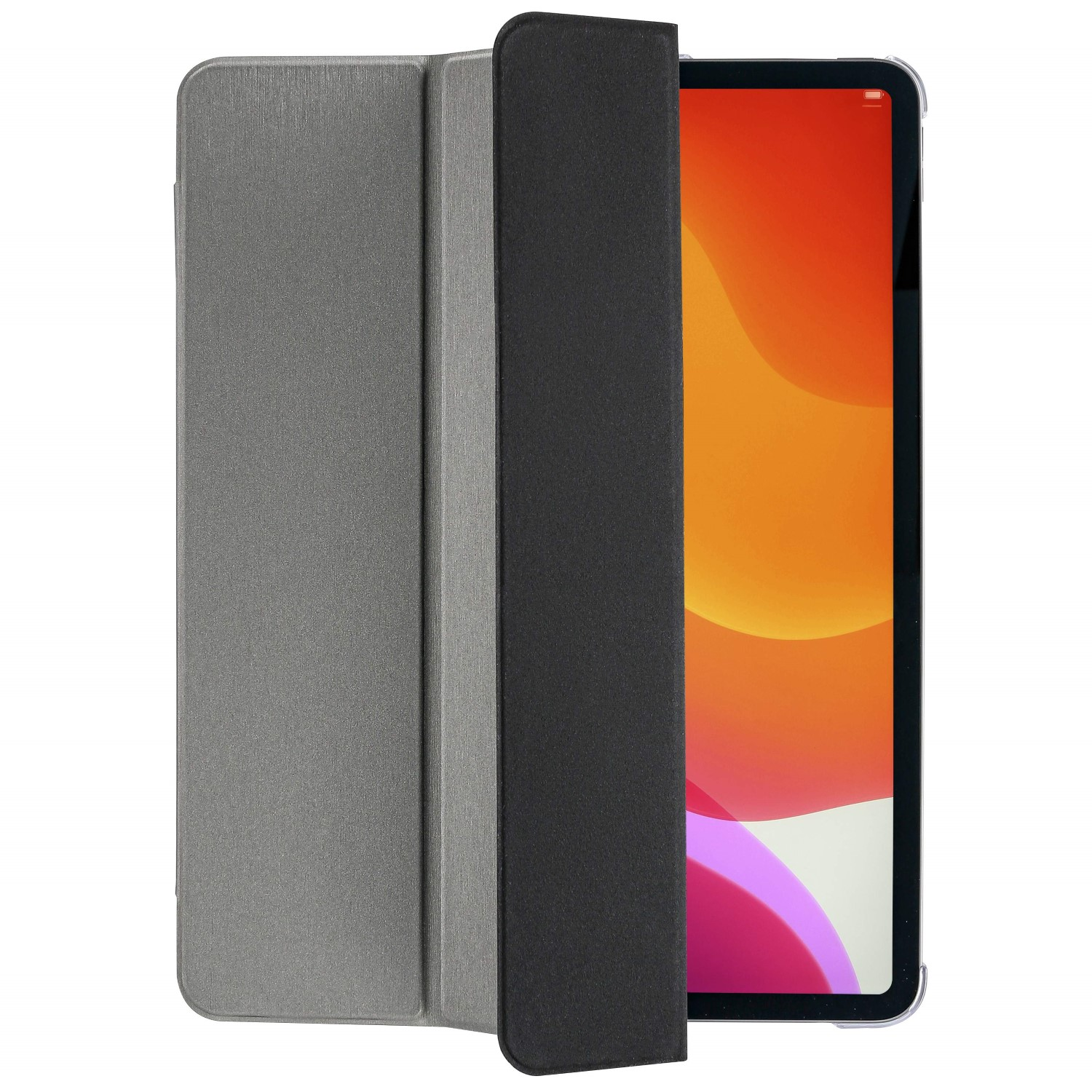 Ein iPad in einem grau-schwarzen Gehäuse. Der Bildschirm zeigt orange und rote Farben. Das Gehäuse ist offen.