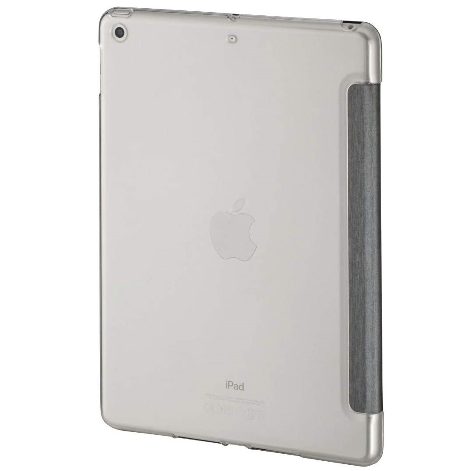 Silbernes iPad mit grau strukturierter Hülle. Apple-Logo sichtbar. Kamera und andere Funktionen oben.