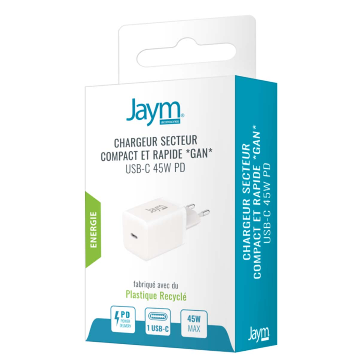 Eine weiße Jaym USB-C-Ladegerätverpackung. Text auf der Verpackung: Ladegerät, kompakt und schnell, 45W. Hergestellt aus recyceltem Kunststoff.