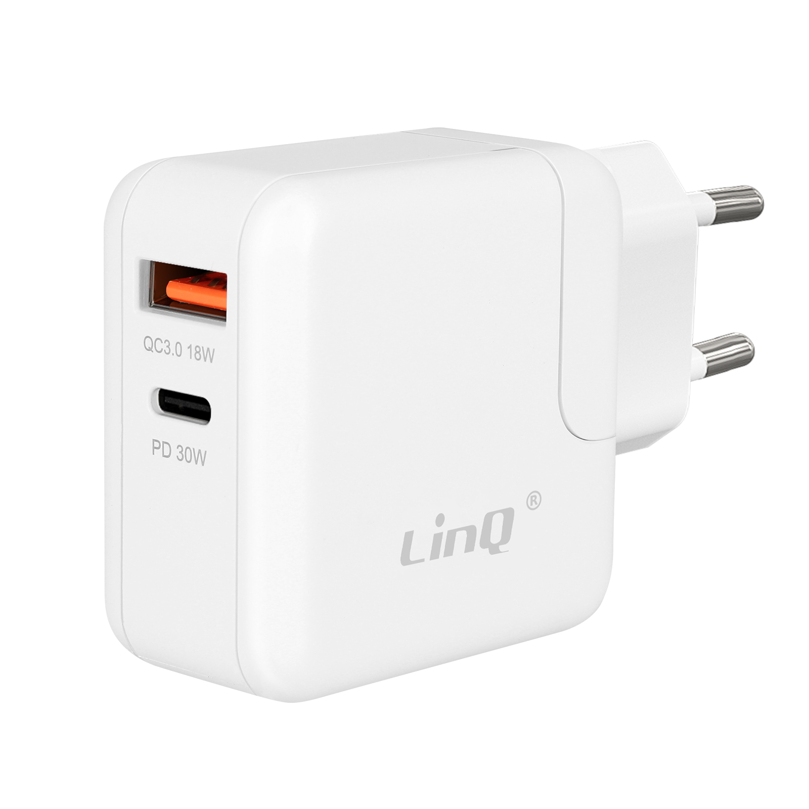 Un caricabatterie LinQ bianco con due spine metalliche. Ha una porta USB-C e una porta USB-A arancione.