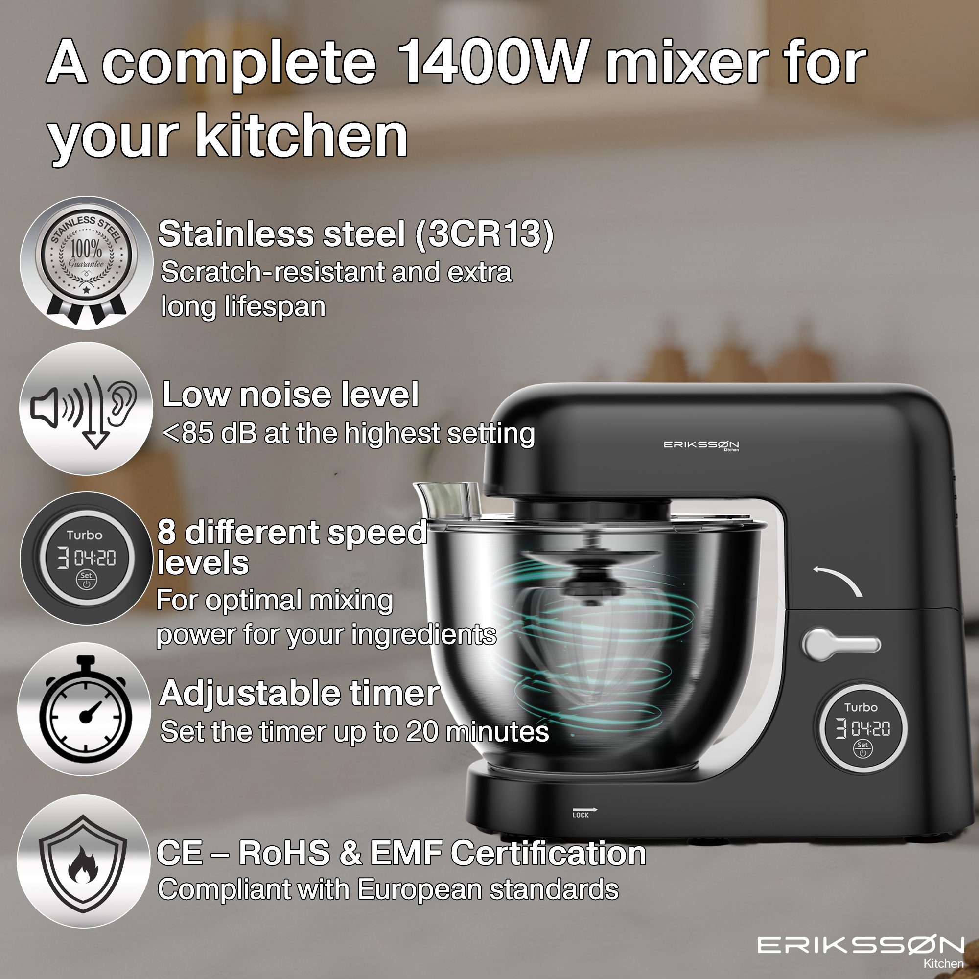 A black kitchen mixer with a stainless steel bowl. It has a digital timer, and is labeled 'Eriksson'.