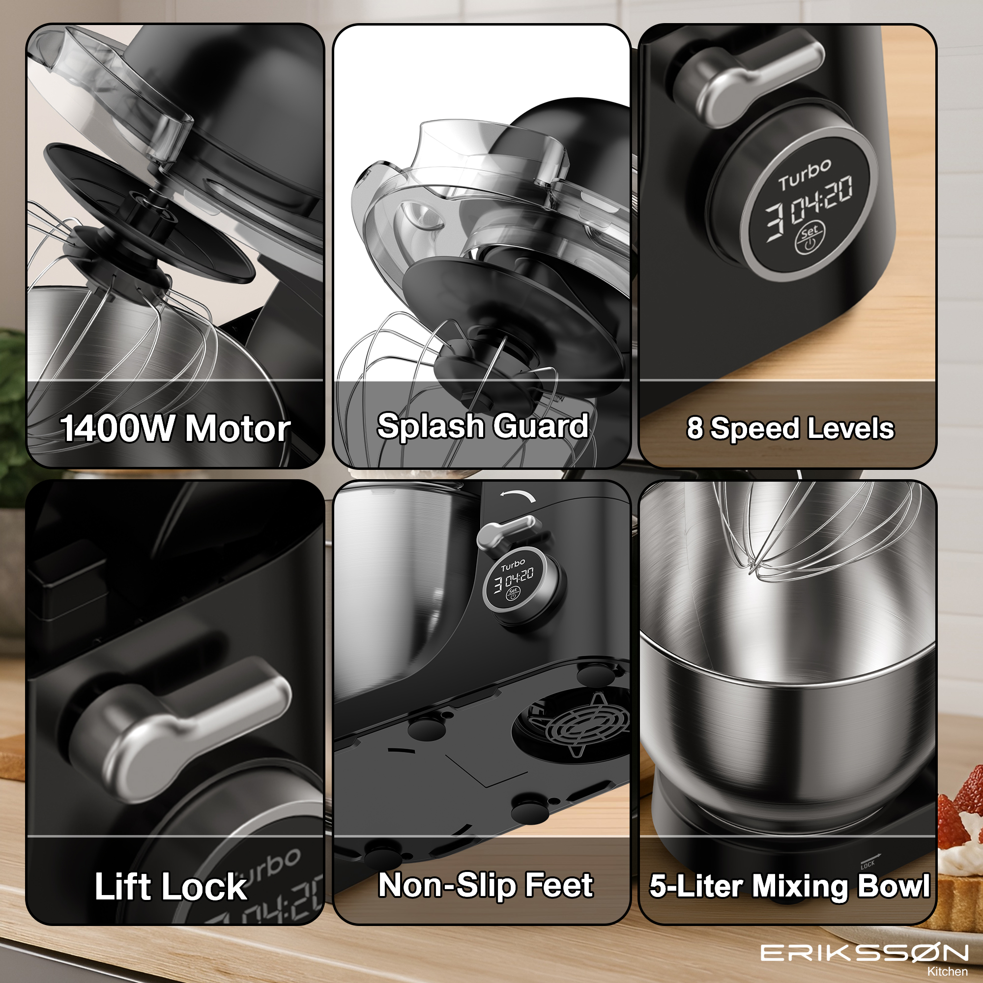 A close-up of a black kitchen mixer with various features labeled: motor, guard, speed levels, lift lock, feet, and bowl.