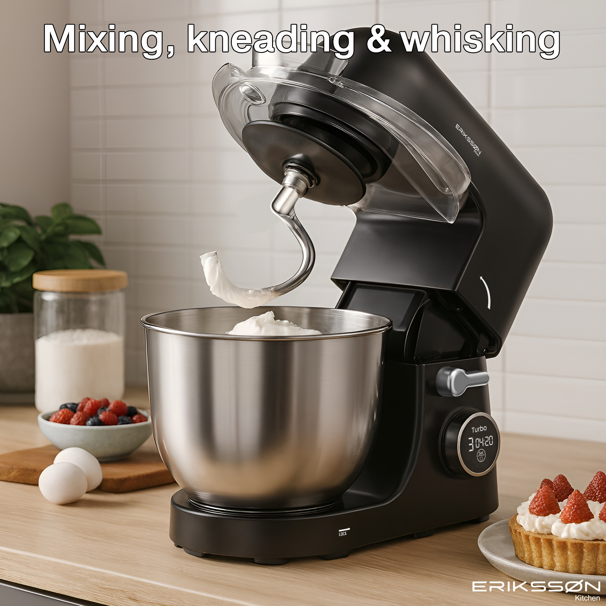 Black stand mixer mixing dough. Ingredients, and a tart with strawberries are on the counter. The kitchen is in the background.