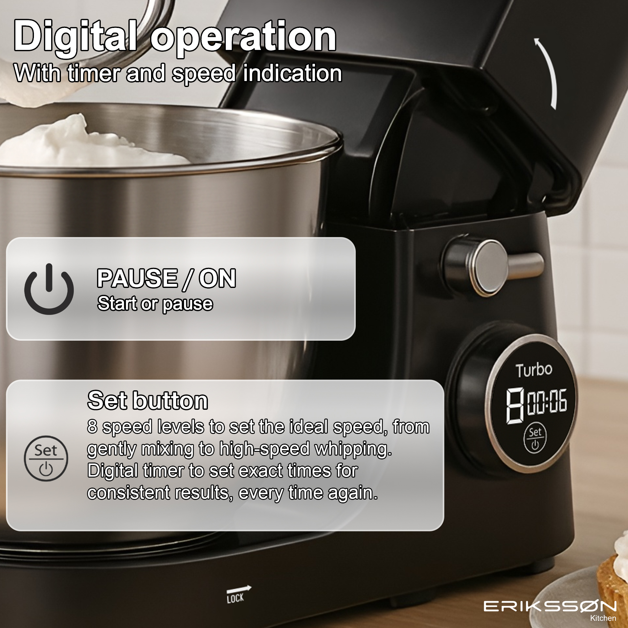 A black stand mixer with digital display. It shows timer and speed levels. A bowl contains whipped cream.