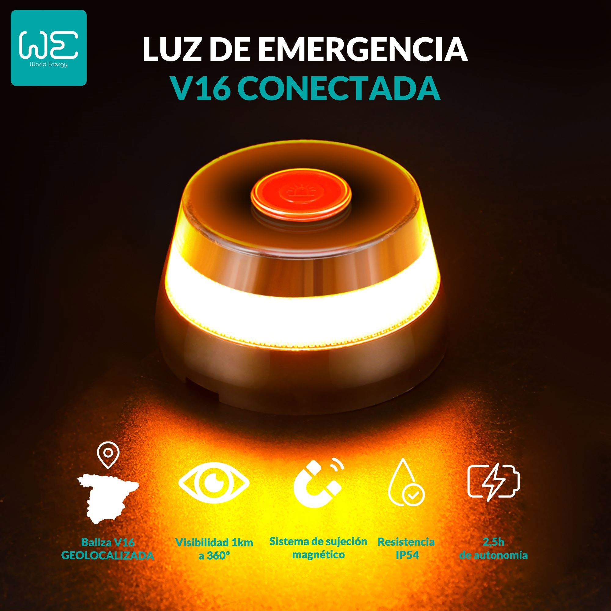 Una luz de emergencia naranja sobre un fondo oscuro. Tiene un botón en la parte superior y un anillo iluminado.