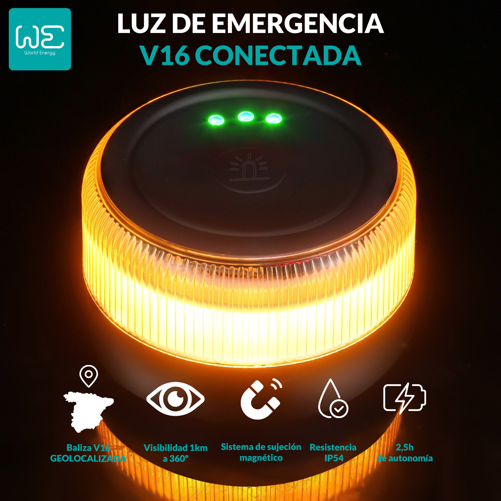 Una luz de emergencia con base naranja translúcida y parte superior negra. Tiene tres luces verdes y texto.