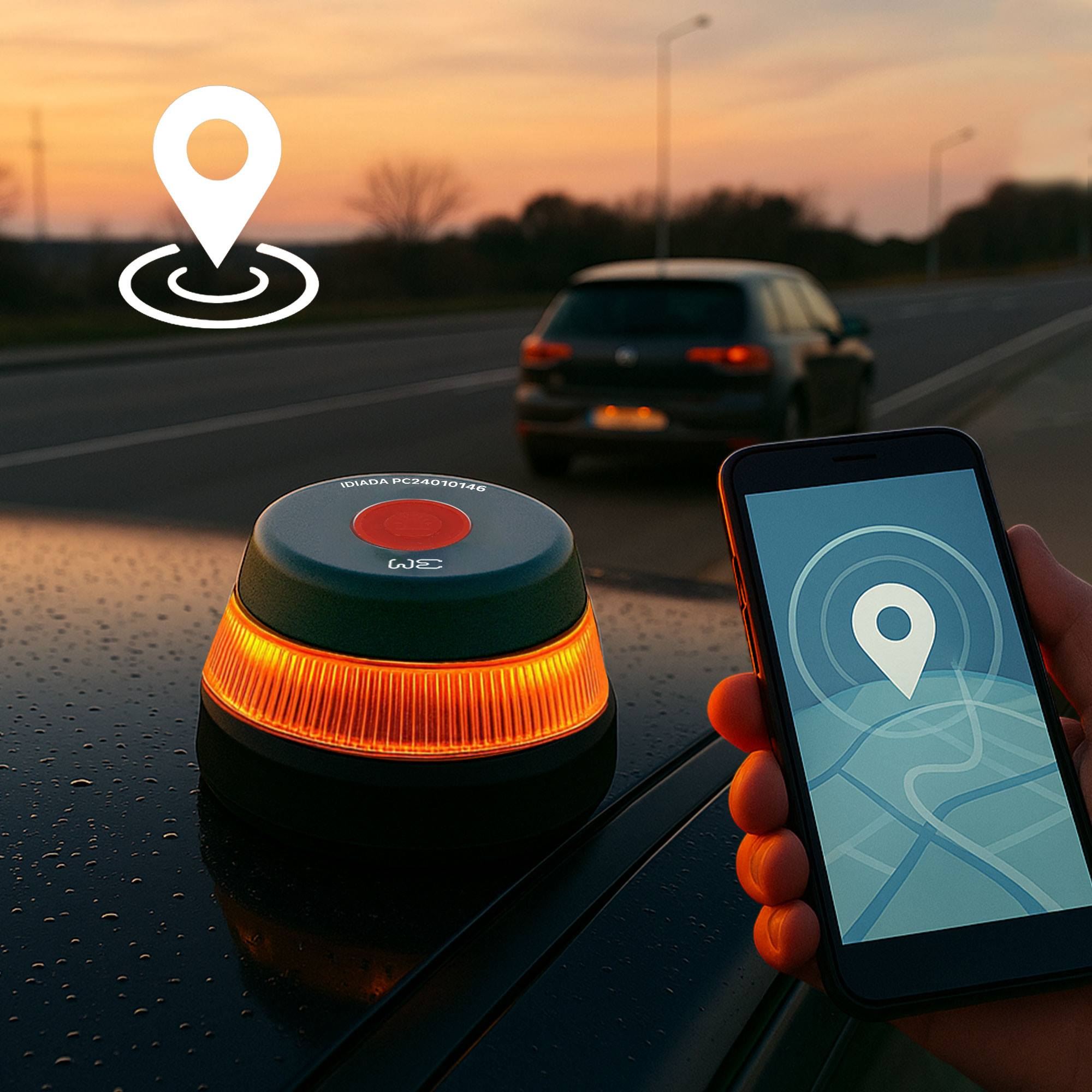 Un dispositivo GPS en un coche, con un teléfono que muestra la ubicación. Puesta de sol al fondo, un coche en la carretera.